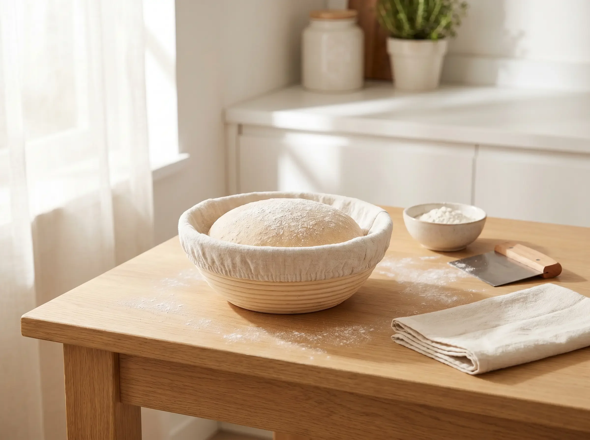 Beginner-friendly banneton setup with liner, flour, and shaped dough for easier sourdough proofing