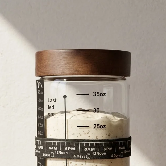 Close-up of a glass sourdough starter jar showing volume measurements, active bubbly starter, and a feeding time tracker band