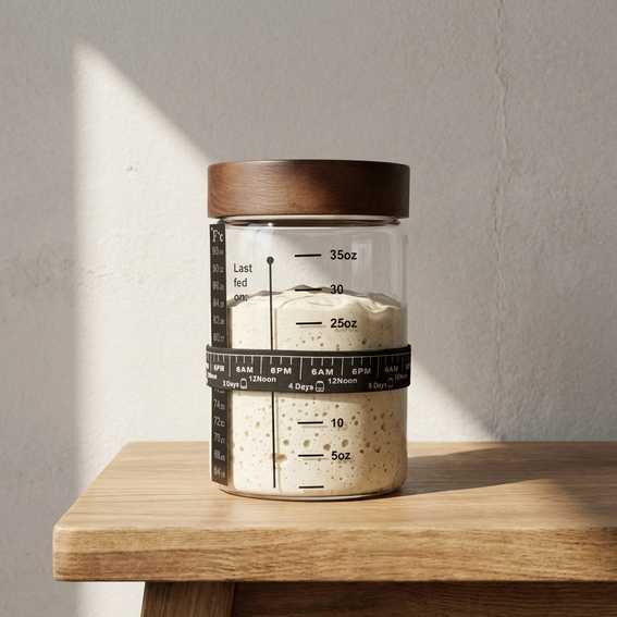 Sourdough starter kit with date feeding band thermometer scraper cloth cover and wood lid