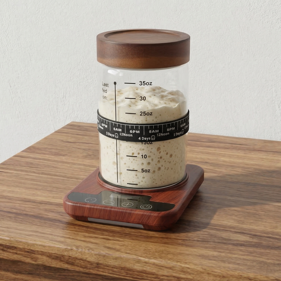 Glass sourdough starter jar with wooden lid and tracking band filled with active starter sitting on a temperature control warmer