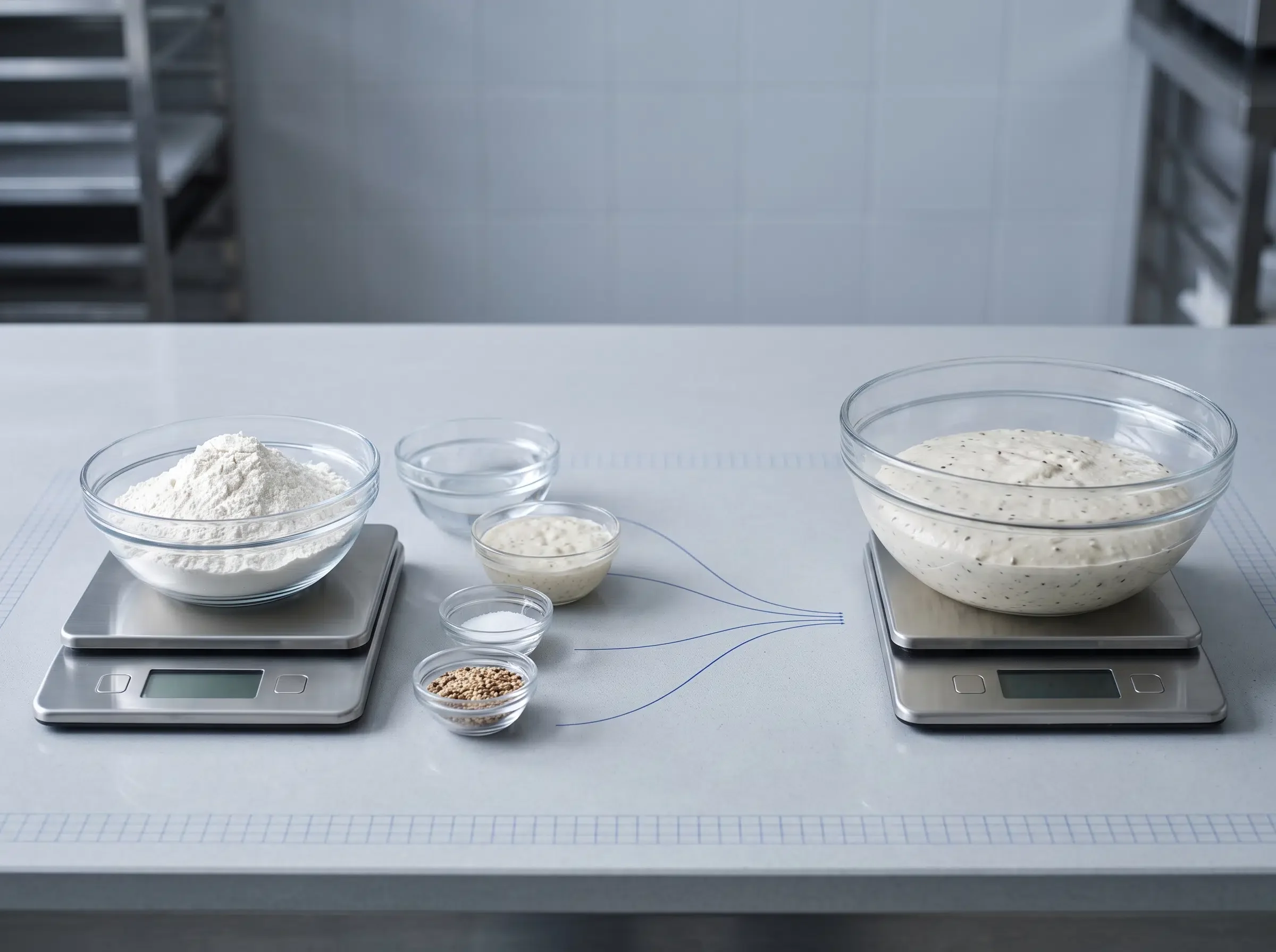 Flour, water, starter and salt combining into a heavier total dough weight