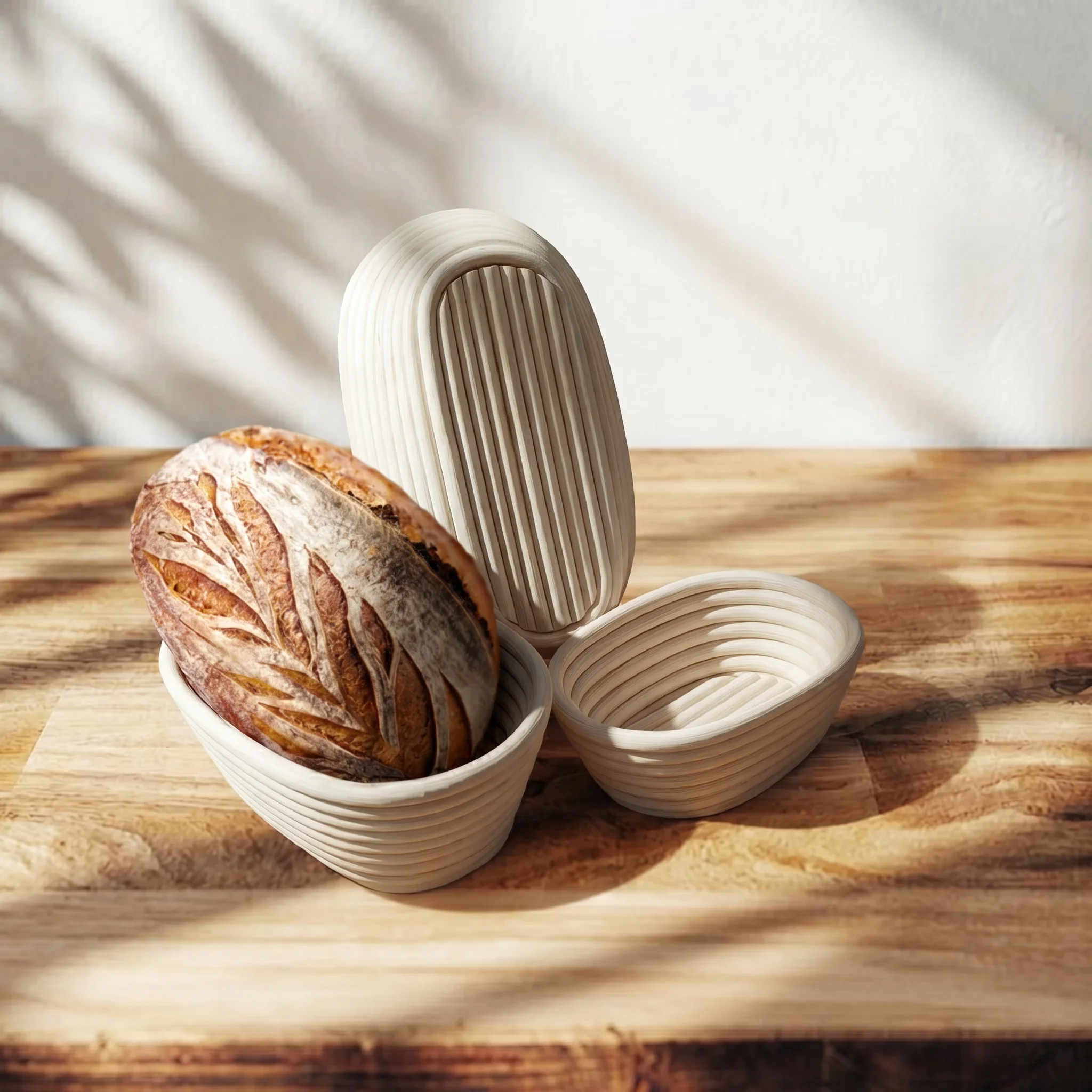Set of 3 oval rattan bread proofing baskets with liners for sourdough baking
