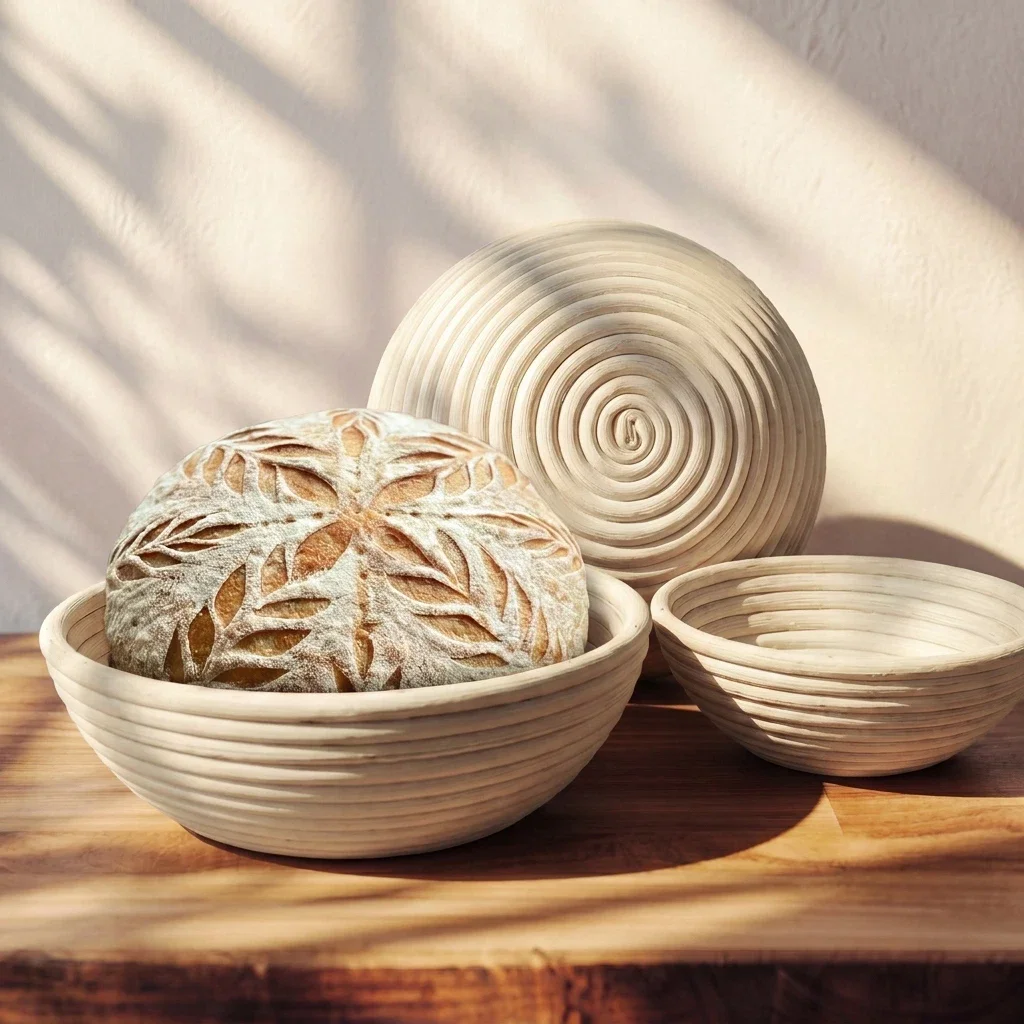 Round rattan bread proofing basket with artisan sourdough loaf