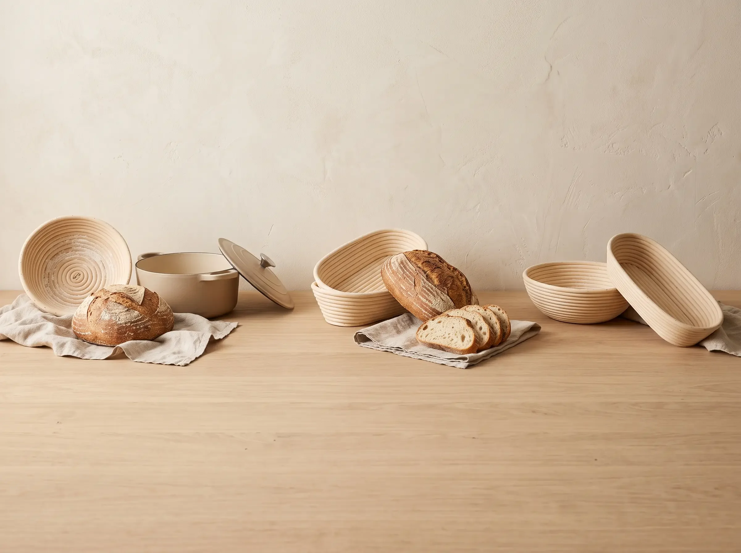 Three banneton choices: round with a boule, oval with a batard, and a round-and-oval set