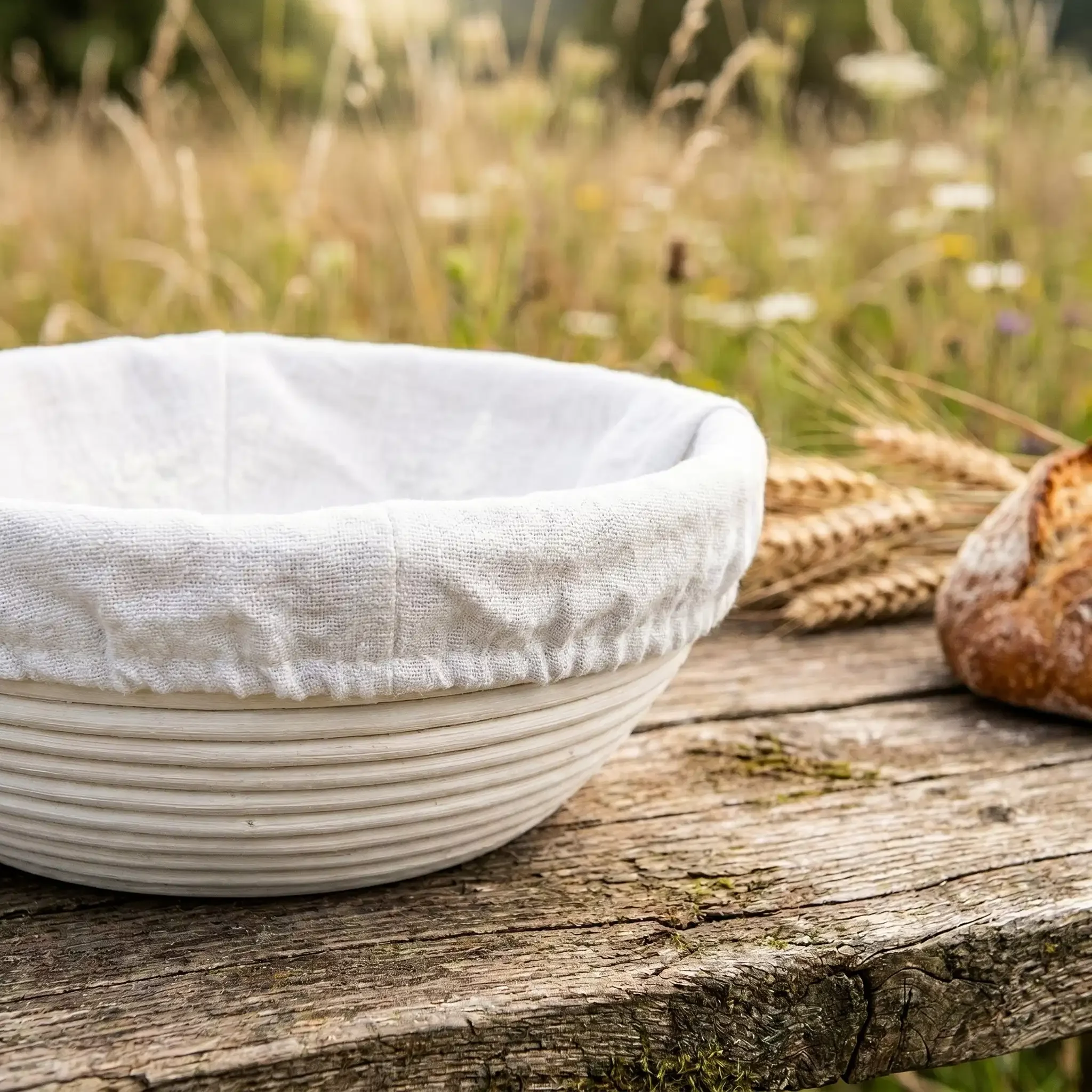 Close-up of a 9-inch round rattan bread proofing basket with cloth liner on a weathered wooden table with wheat stalks in a natural outdoor setting