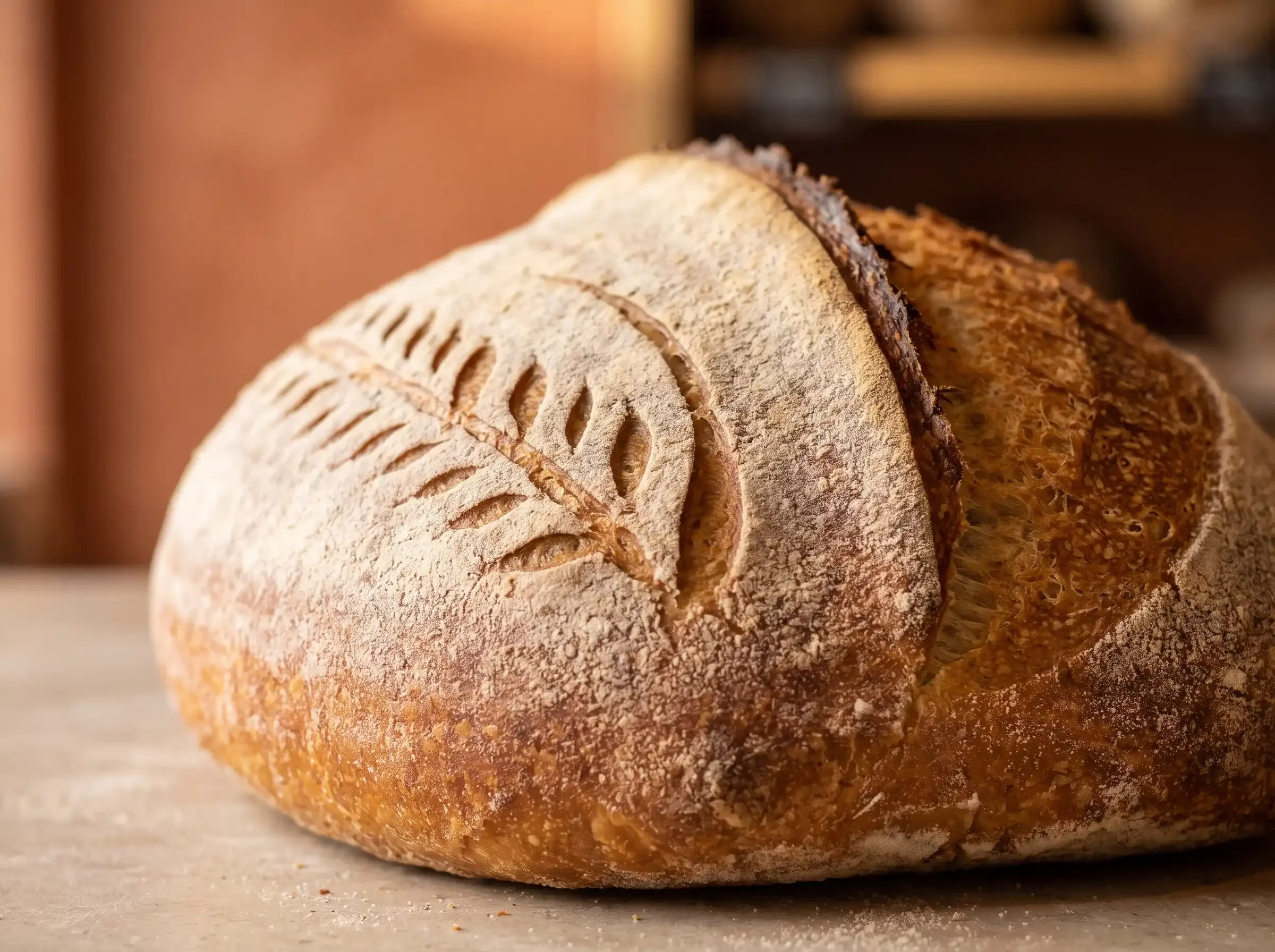 Close-up of a sourdough crust with visible rattan spiral rings from proofing without a liner