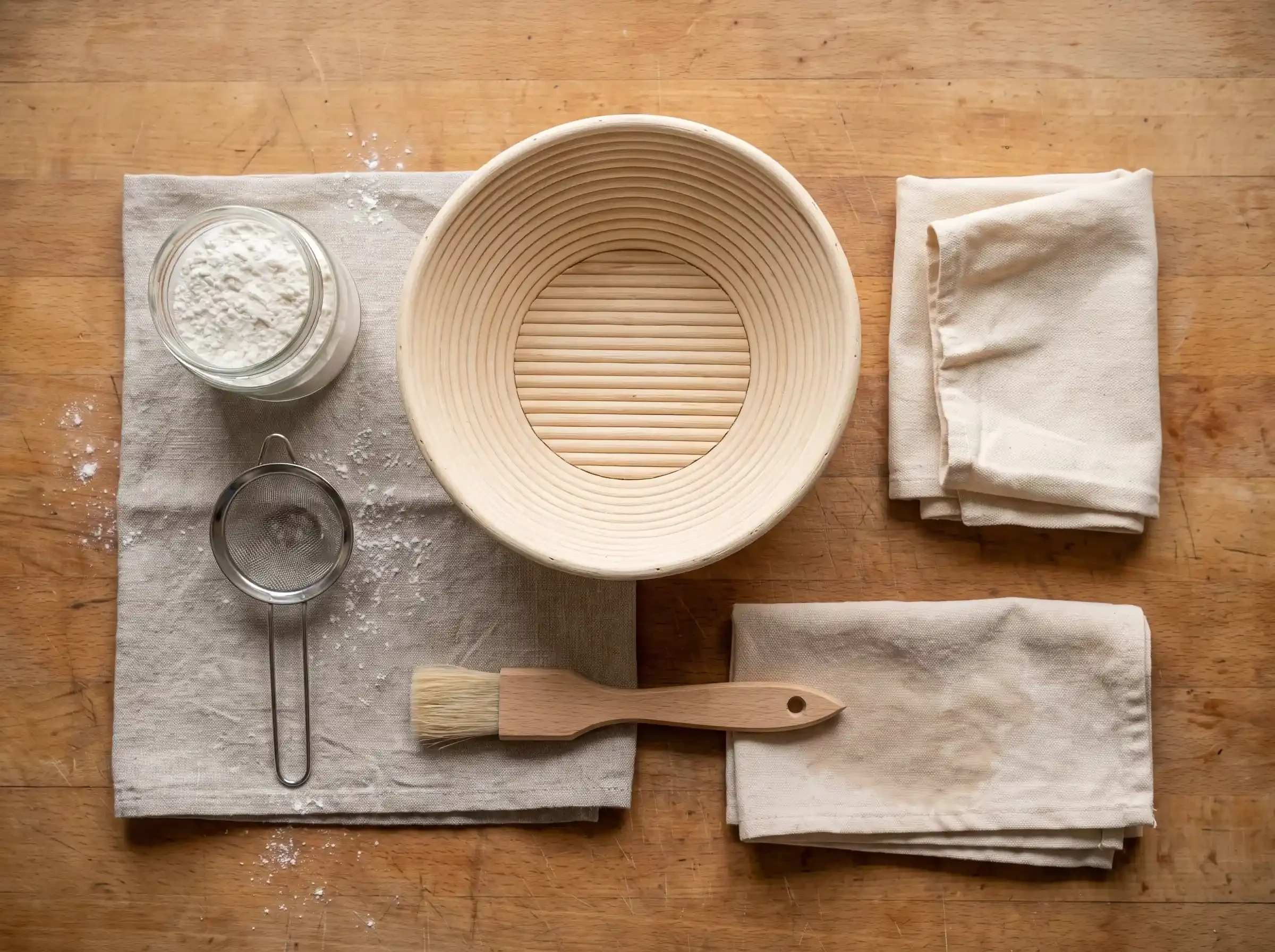 New rattan banneton with rice flour, sieve, pastry brush, damp cloth and cotton liner