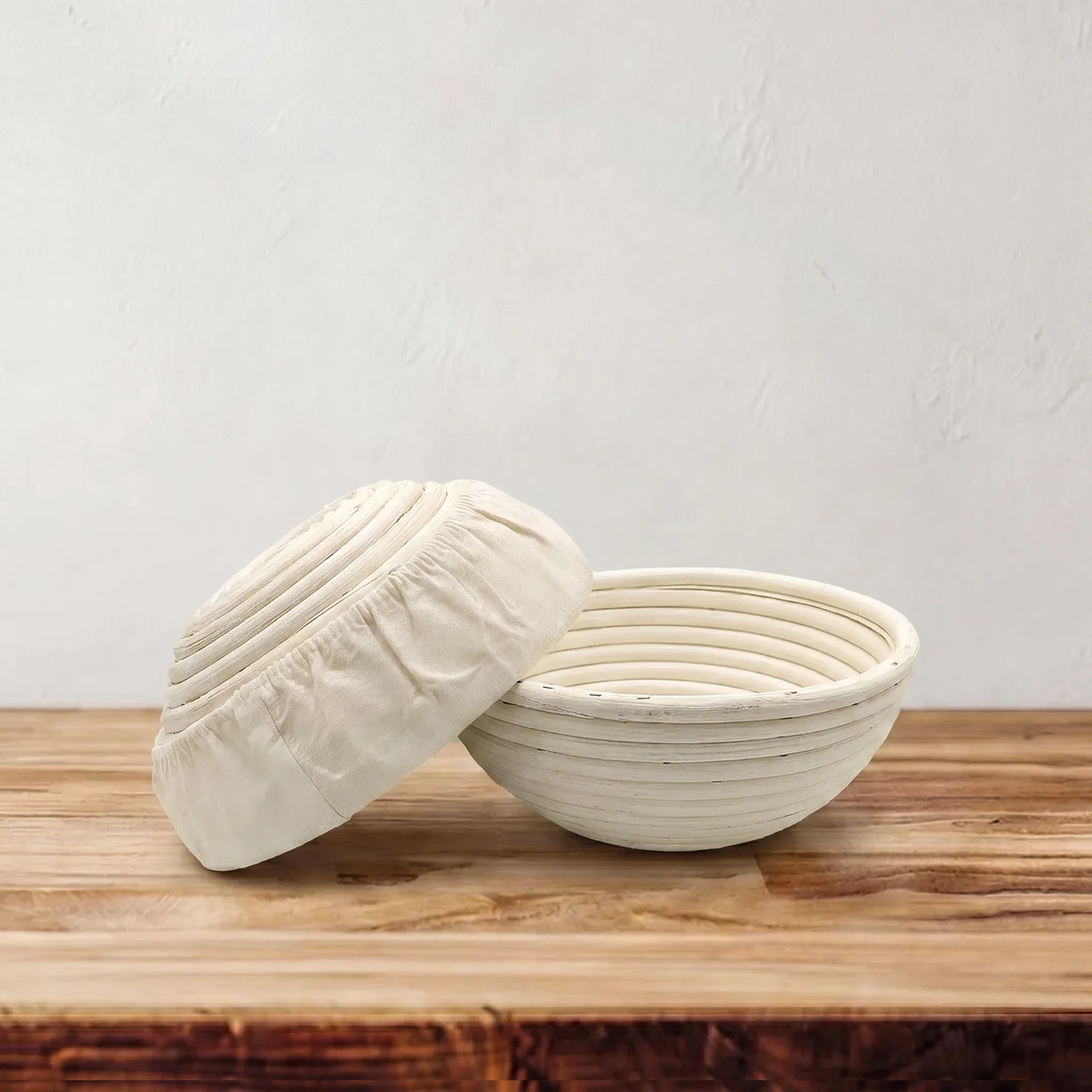 8-inch rattan proofing basket shown with cloth liner