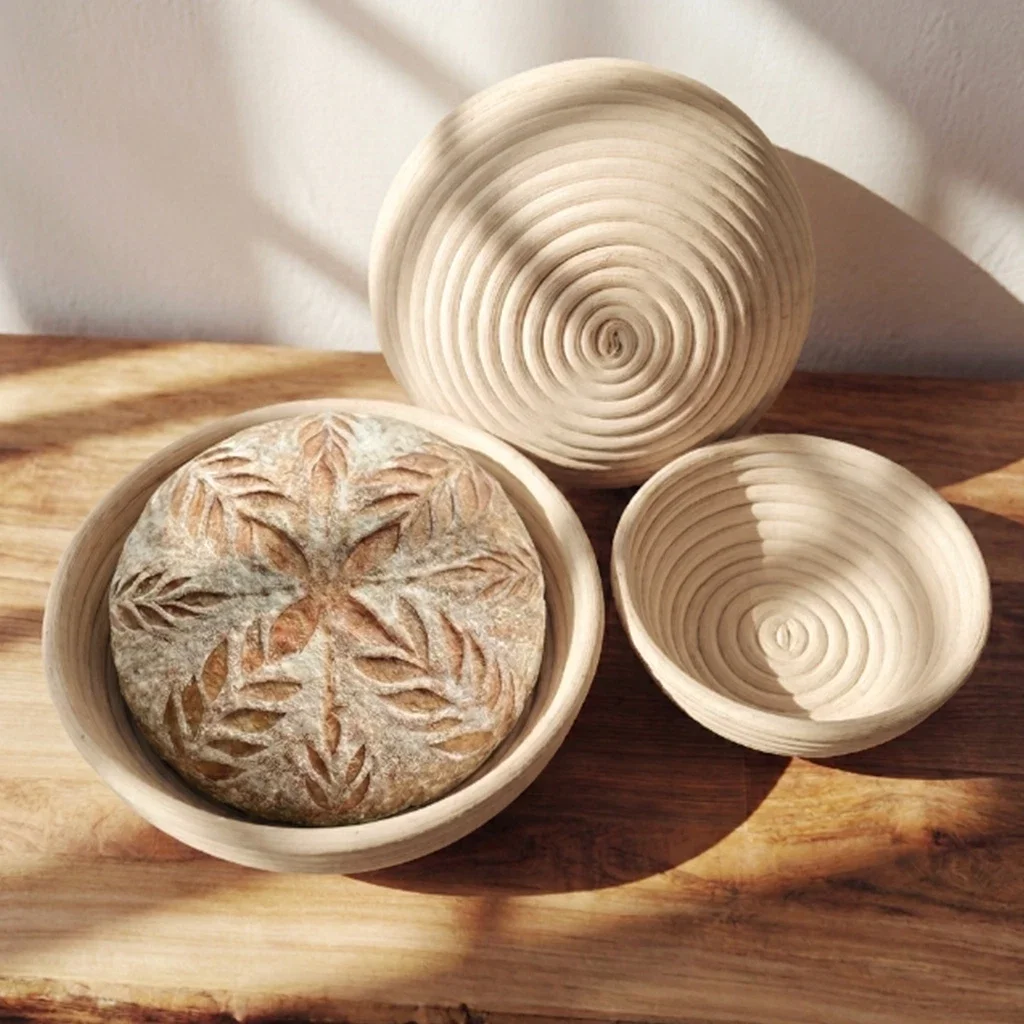 Set of 3 round rattan bread proofing baskets with liners for sourdough baking
