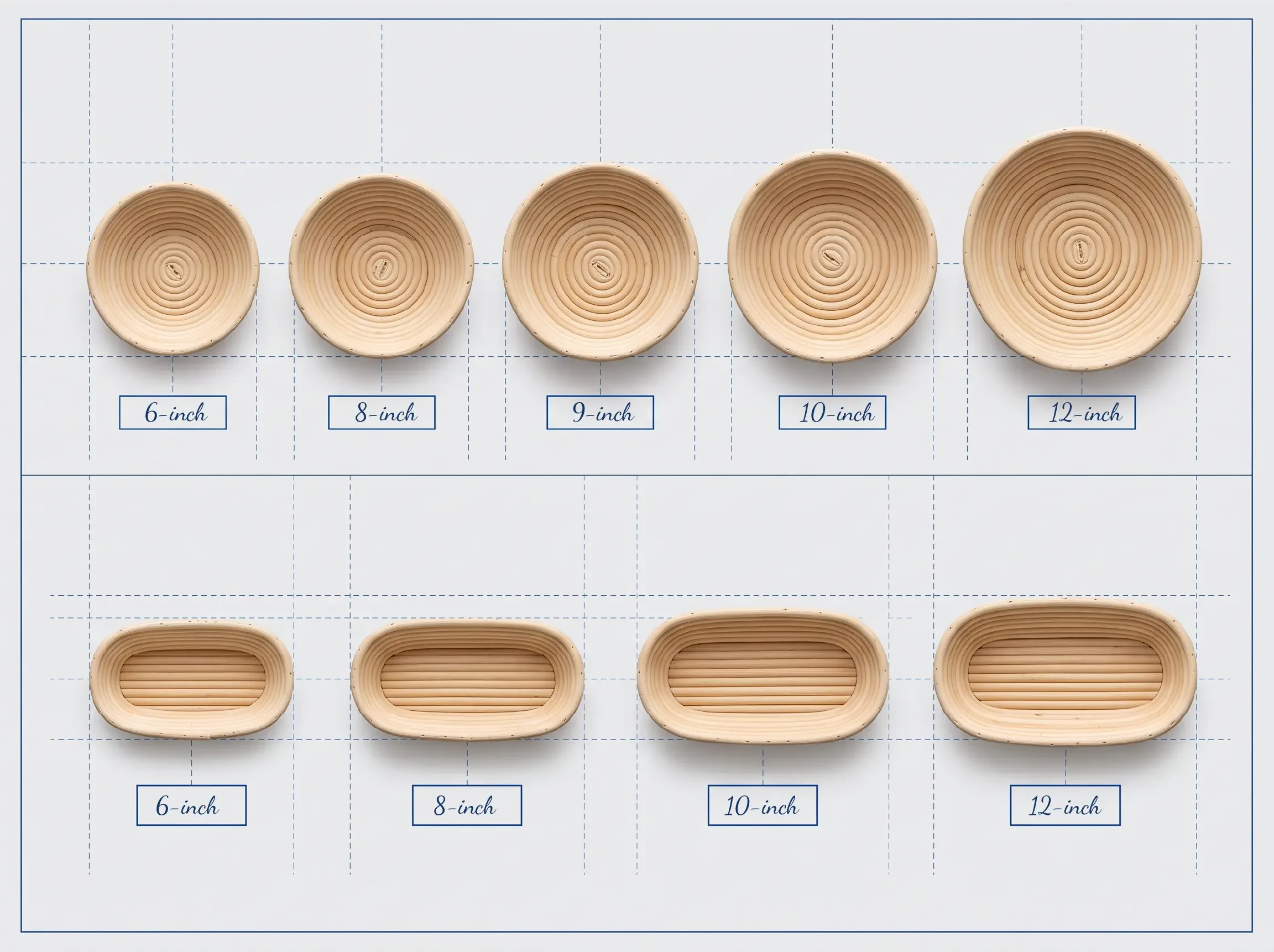 Visual comparison of round and oval proofing baskets arranged from smallest to largest
