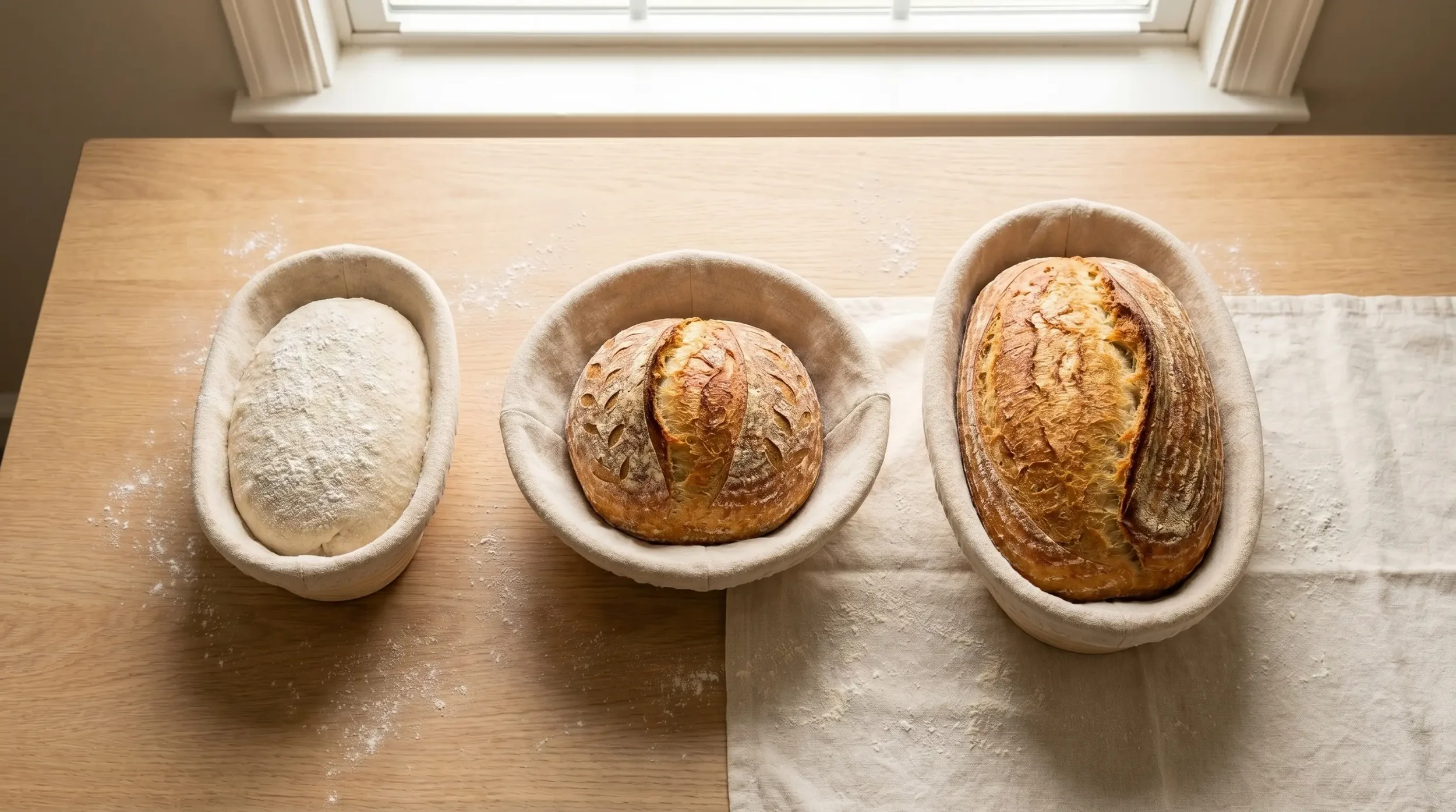 Round and oval banneton baskets with matching boule and batard sourdough loaf shapes