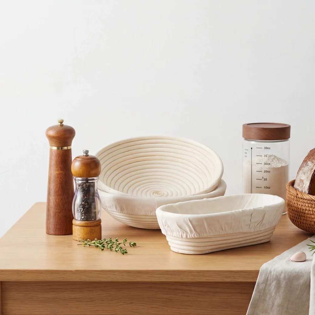 12-inch round and oval rattan banneton baskets displayed with flour jar and baking ingredients