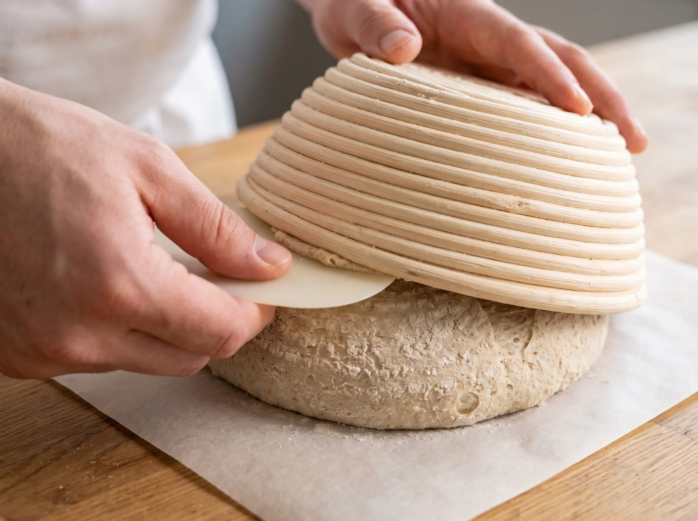 using a flexible dough scraper to gently release stuck sourdough from an inverted banneton onto parchment