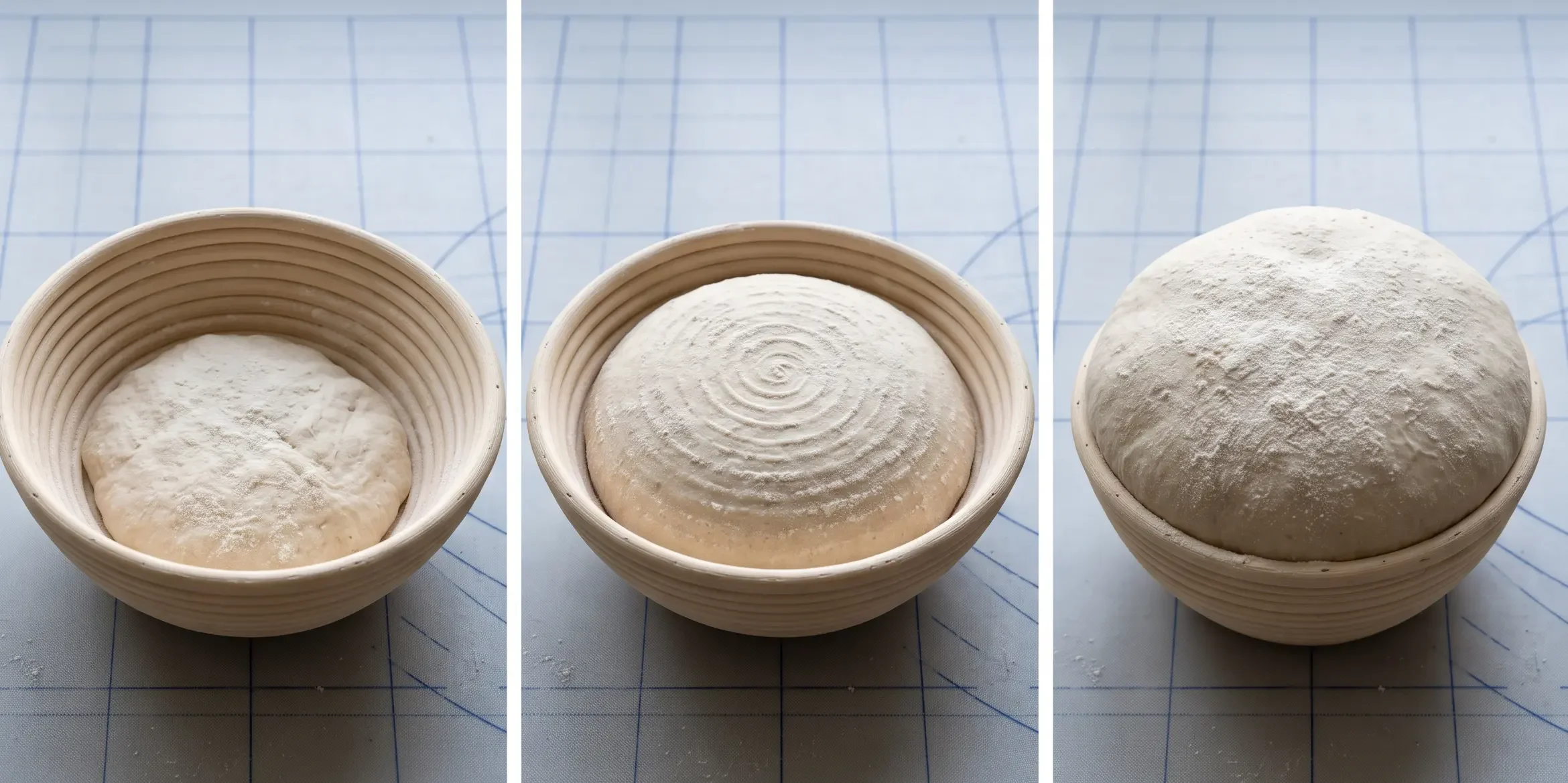Dough sitting too low, fitting correctly and overflowing in identical bannetons