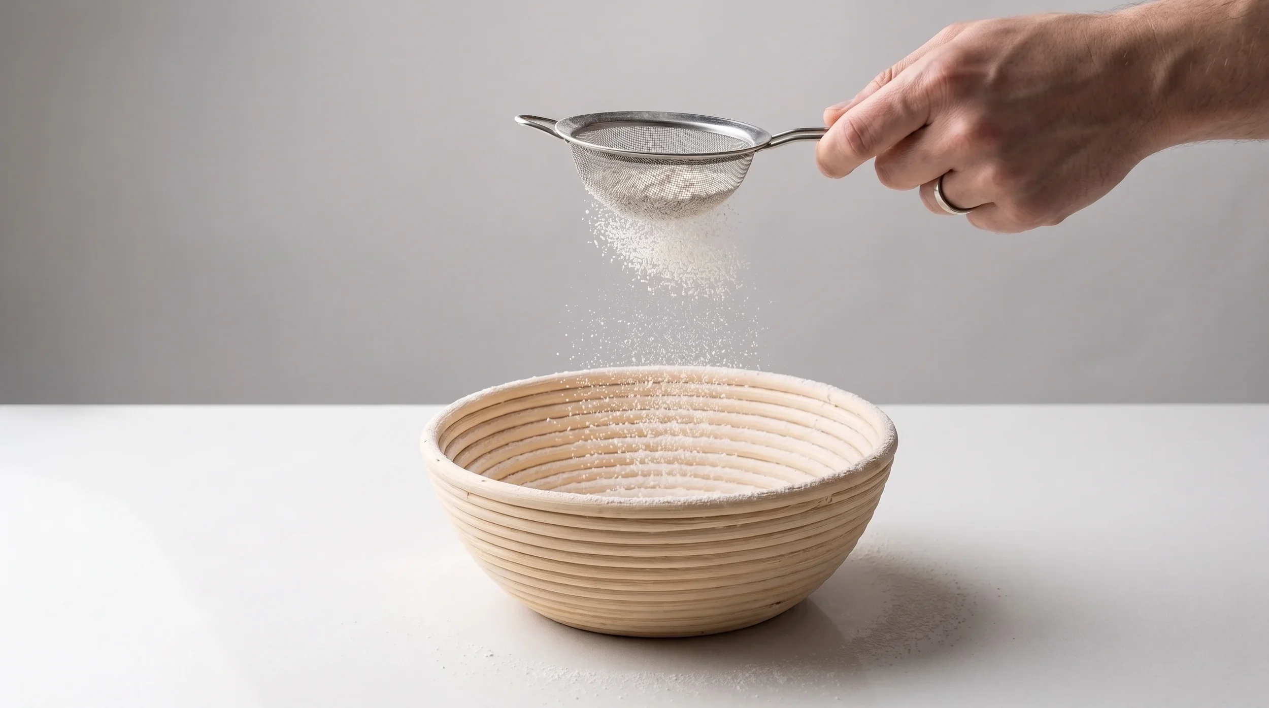 Finely milled rice flour being sifted evenly into a round rattan banneton