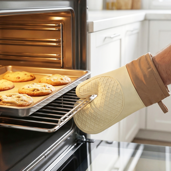 Soft cotton lined silicone oven mitt with comfortable fit and safe grip