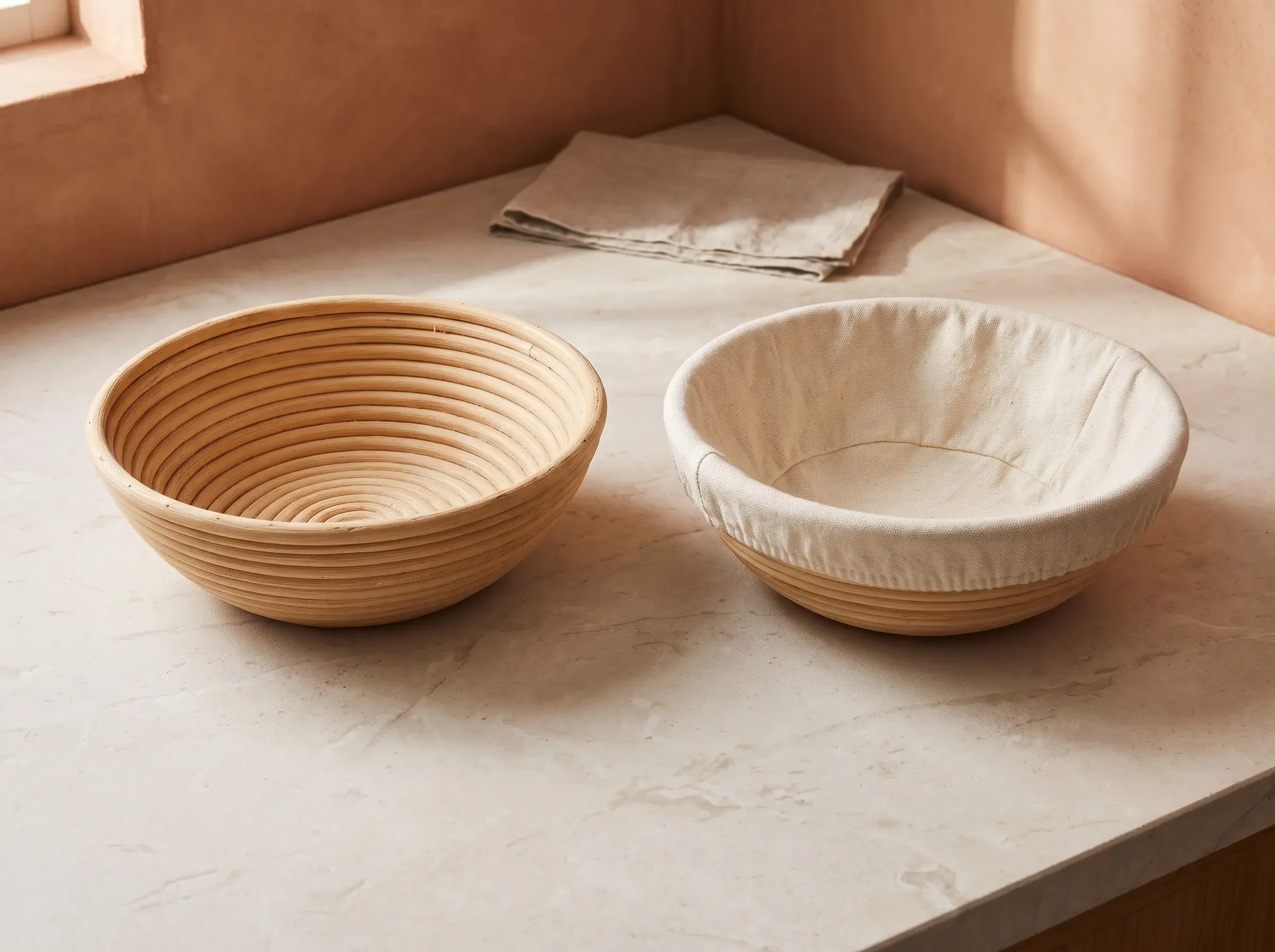 Two sourdough loaves compared: rattan spiral rings from a bare banneton and a smoother liner-proofed crust
