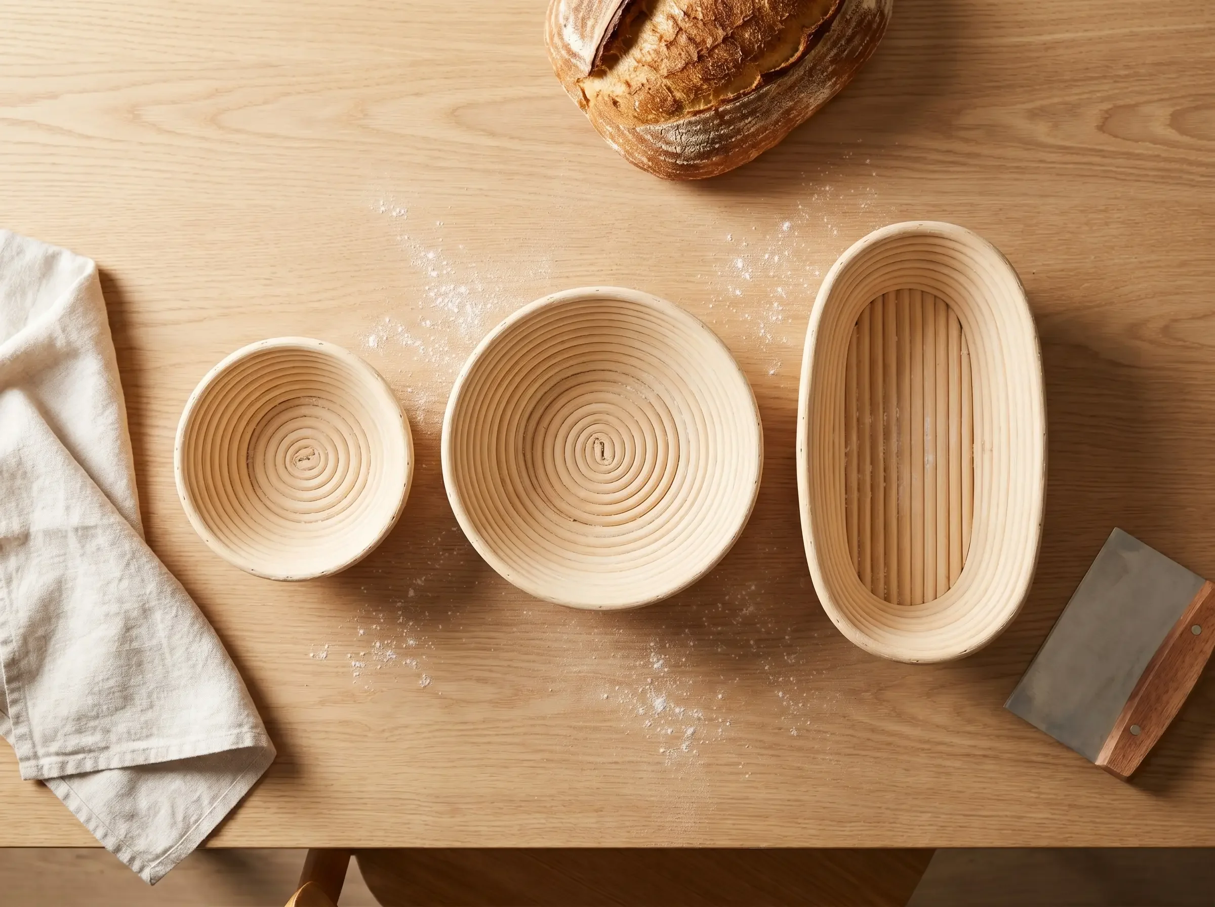 Small, medium, and large rattan proofing baskets arranged on a wooden table for beginner sourdough baking