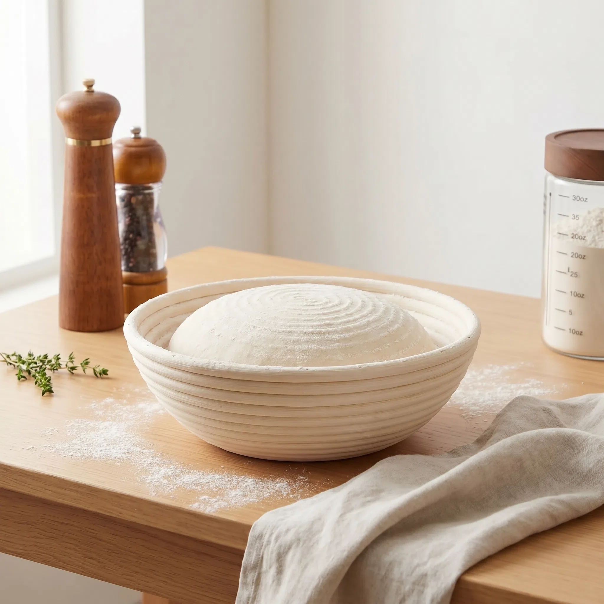 12-inch round rattan bread proofing basket with liner holding proofed sourdough on a wooden table