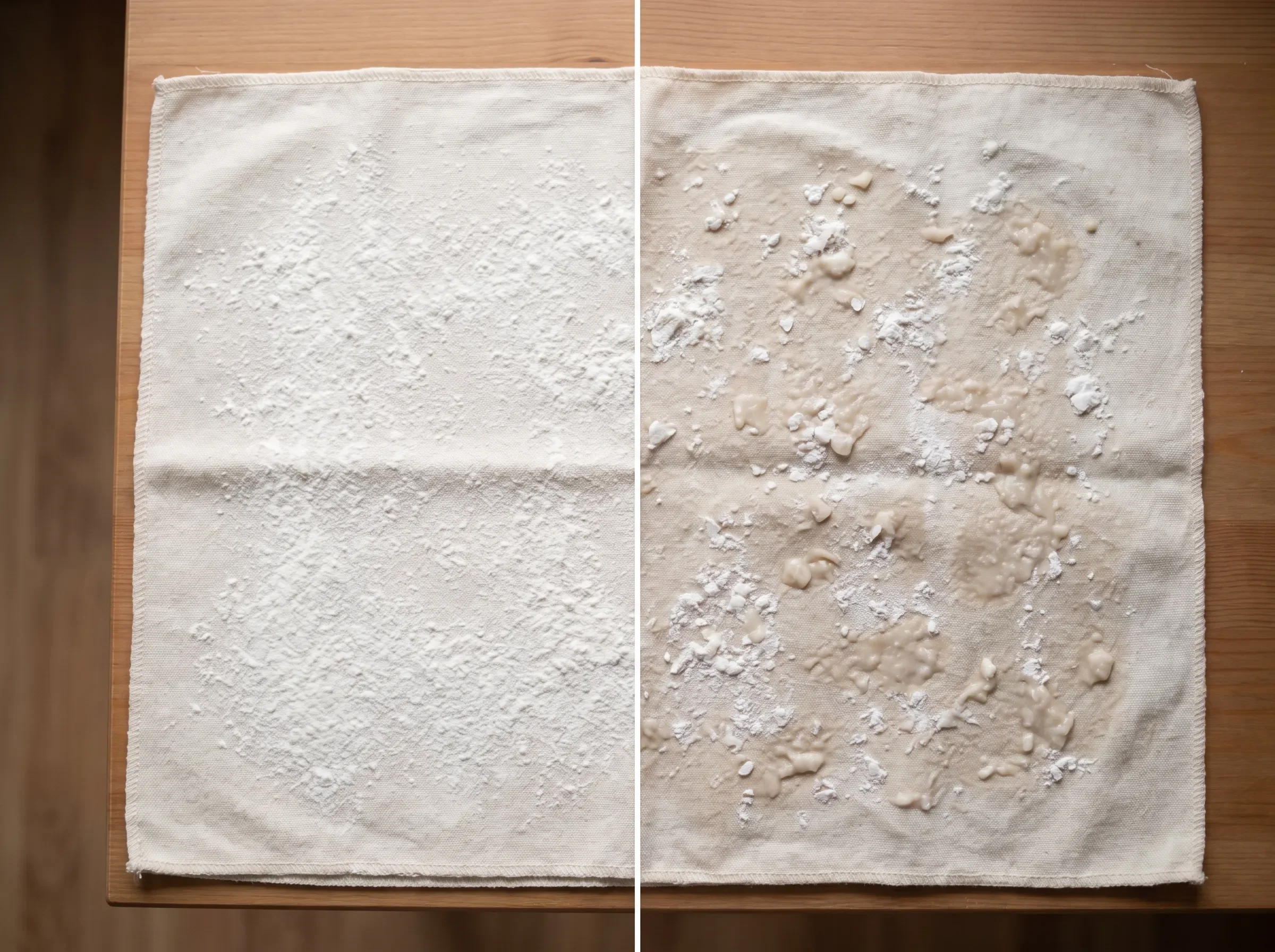 Comparison of a dry banneton liner with powdery rice flour beside a damp liner with clumped hydrated flour