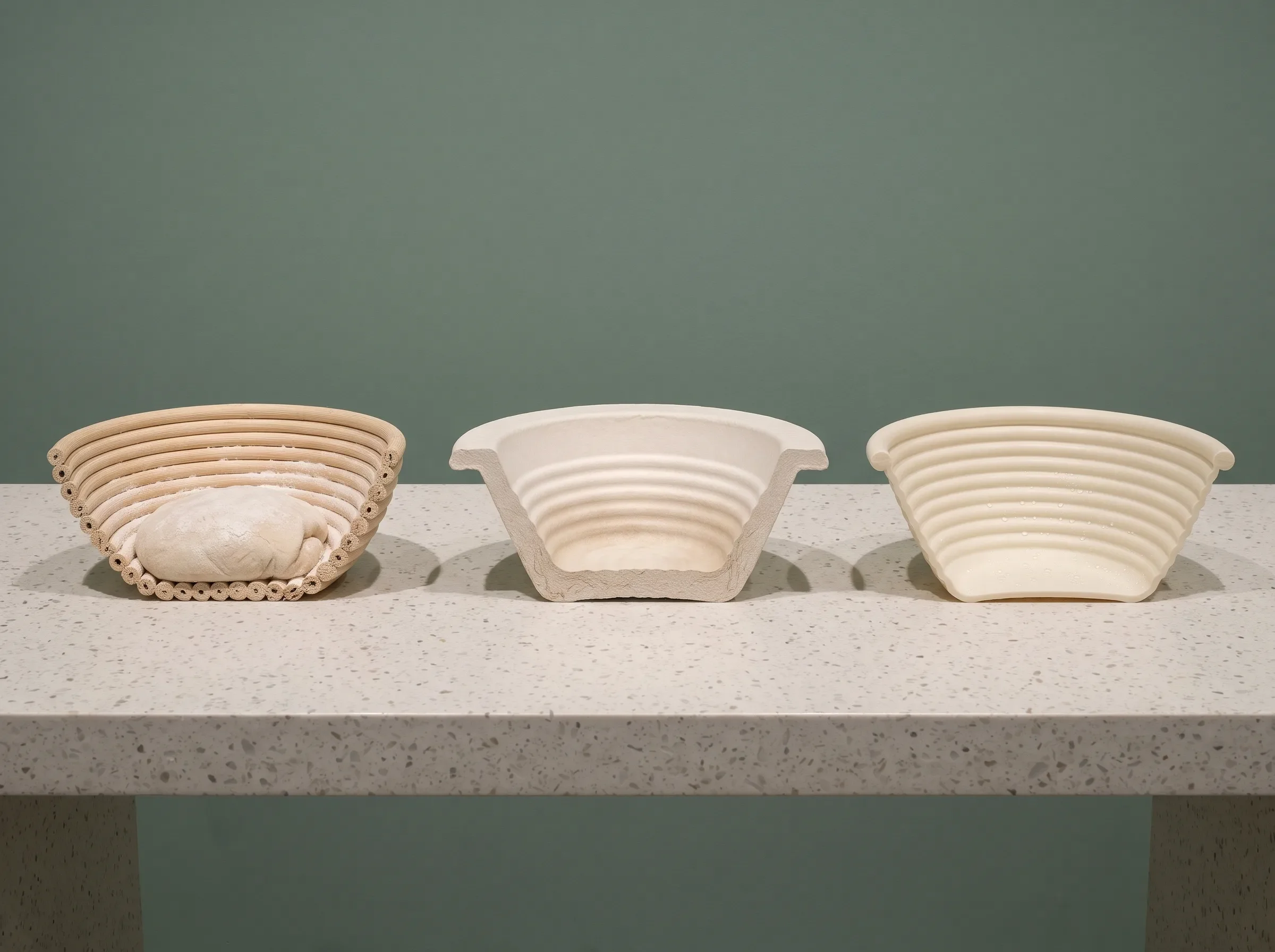 Conceptual cutaway of woven rattan, compressed wood fiber and non-porous silicone basket walls
