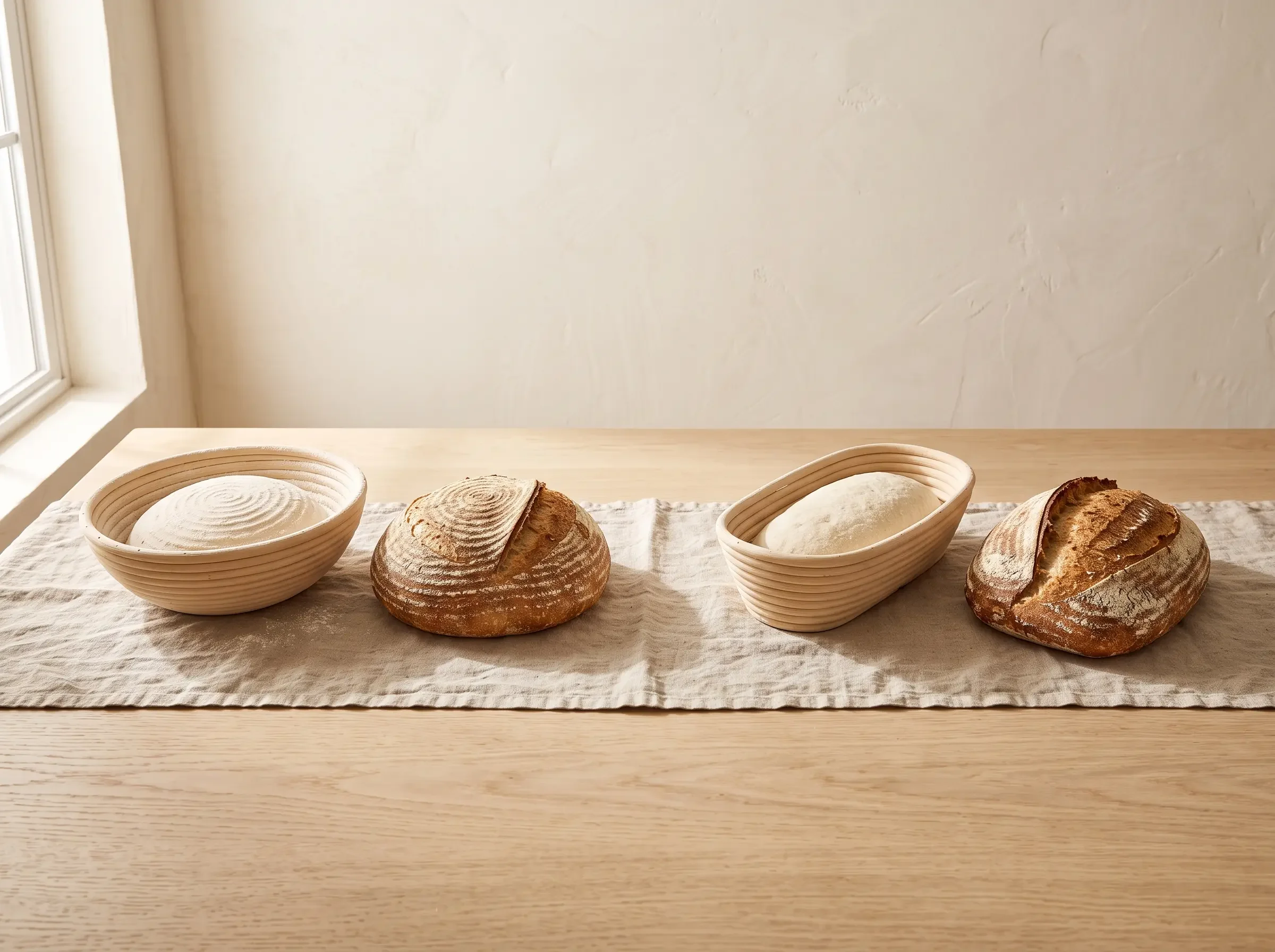 ound banneton and baked boule compared with an oval banneton and baked batard