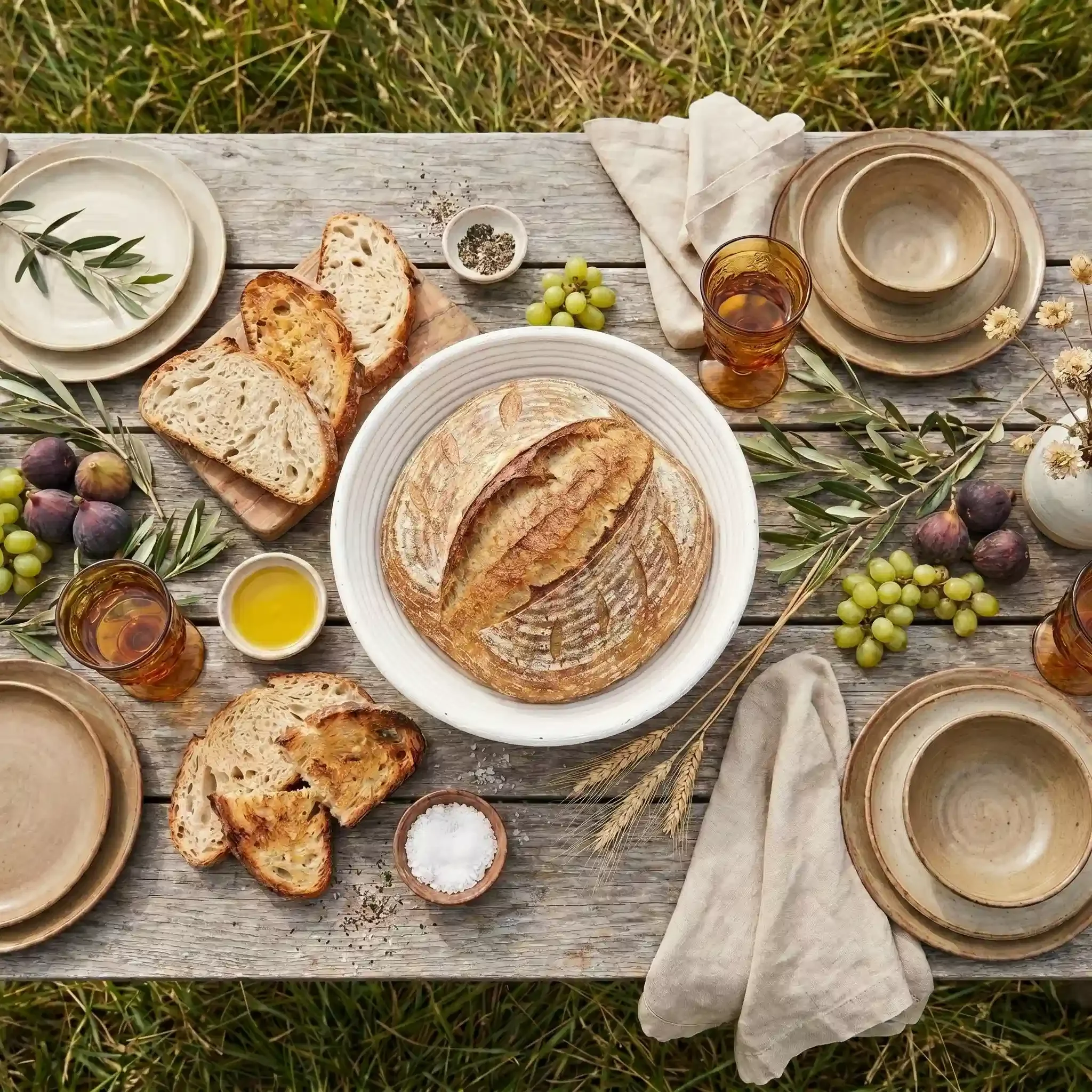 Overhead view of a 9-inch round rattan banneton basket used to serve a baked sourdough loaf on a rustic picnic table