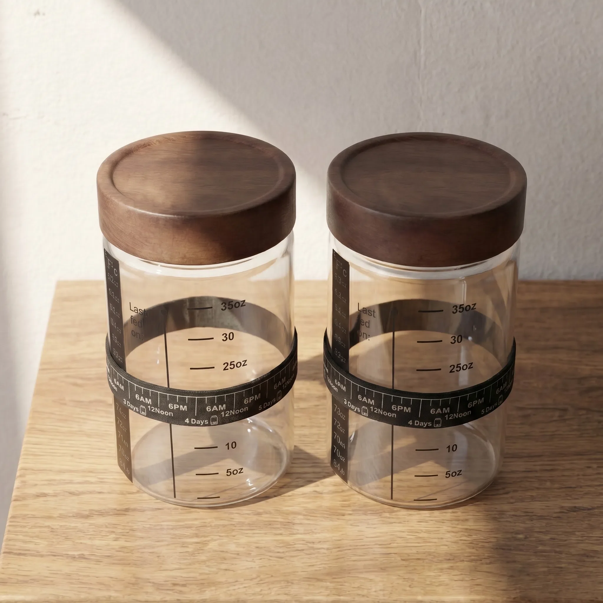Two empty glass sourdough starter jars with wooden lids and black feeding tracker bands sitting on a wooden counter