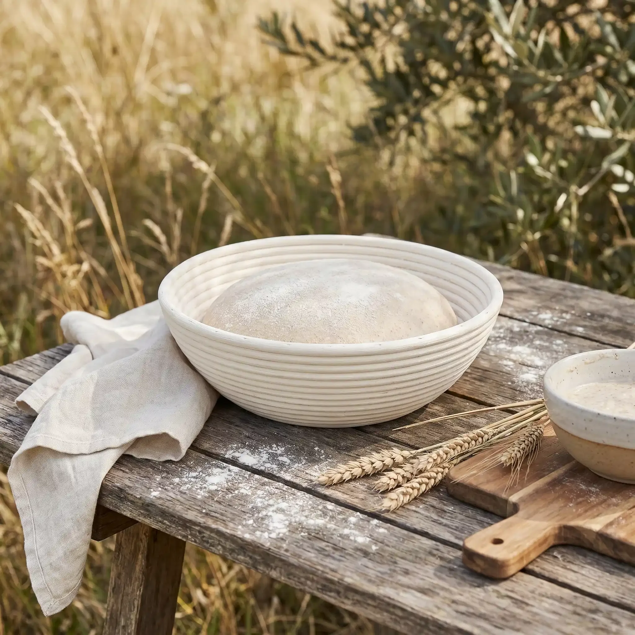 9-inch round banneton basket holding proofing sourdough dough on a farmhouse table outdoors