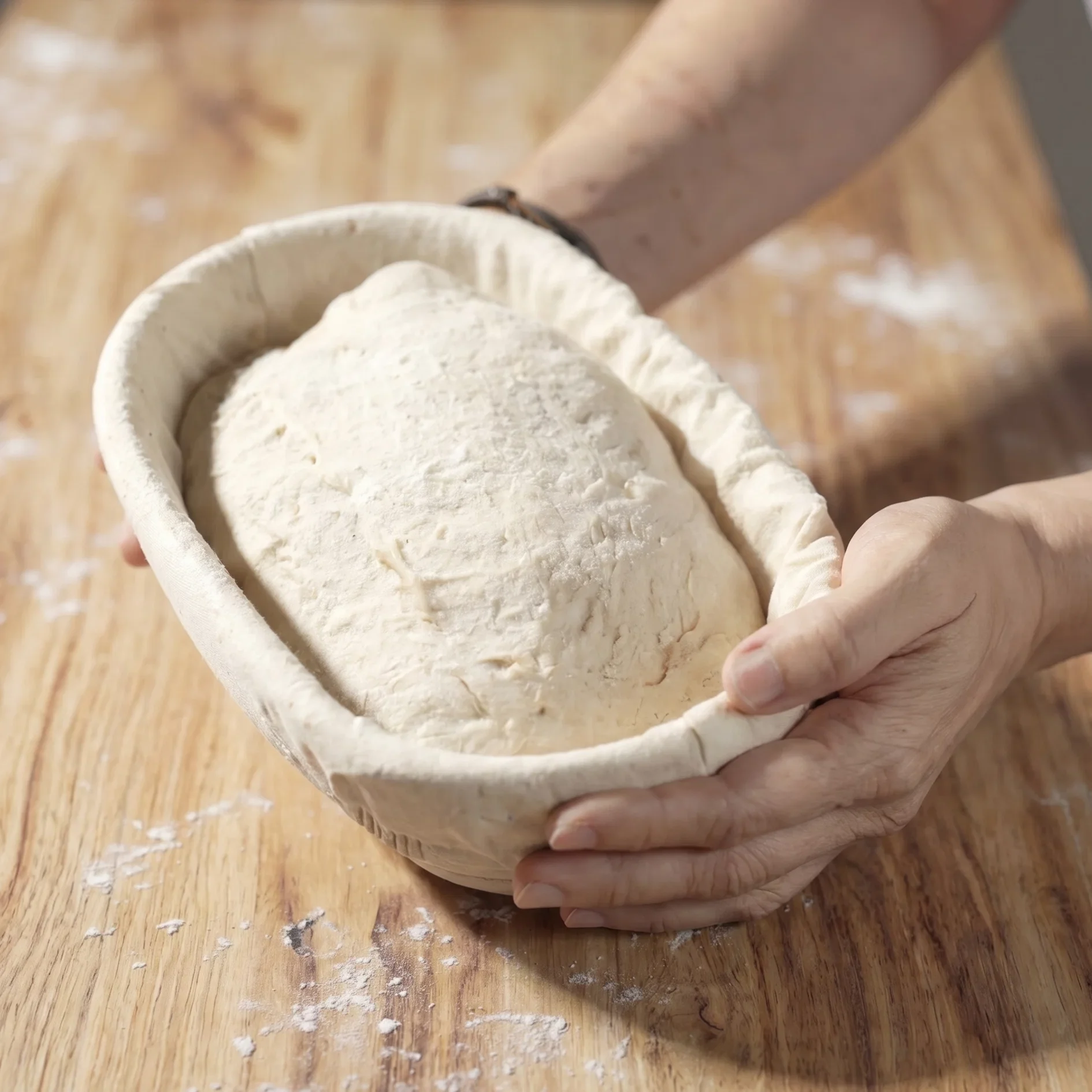 Oval rattan bread proofing basket with liner holding sourdough dough