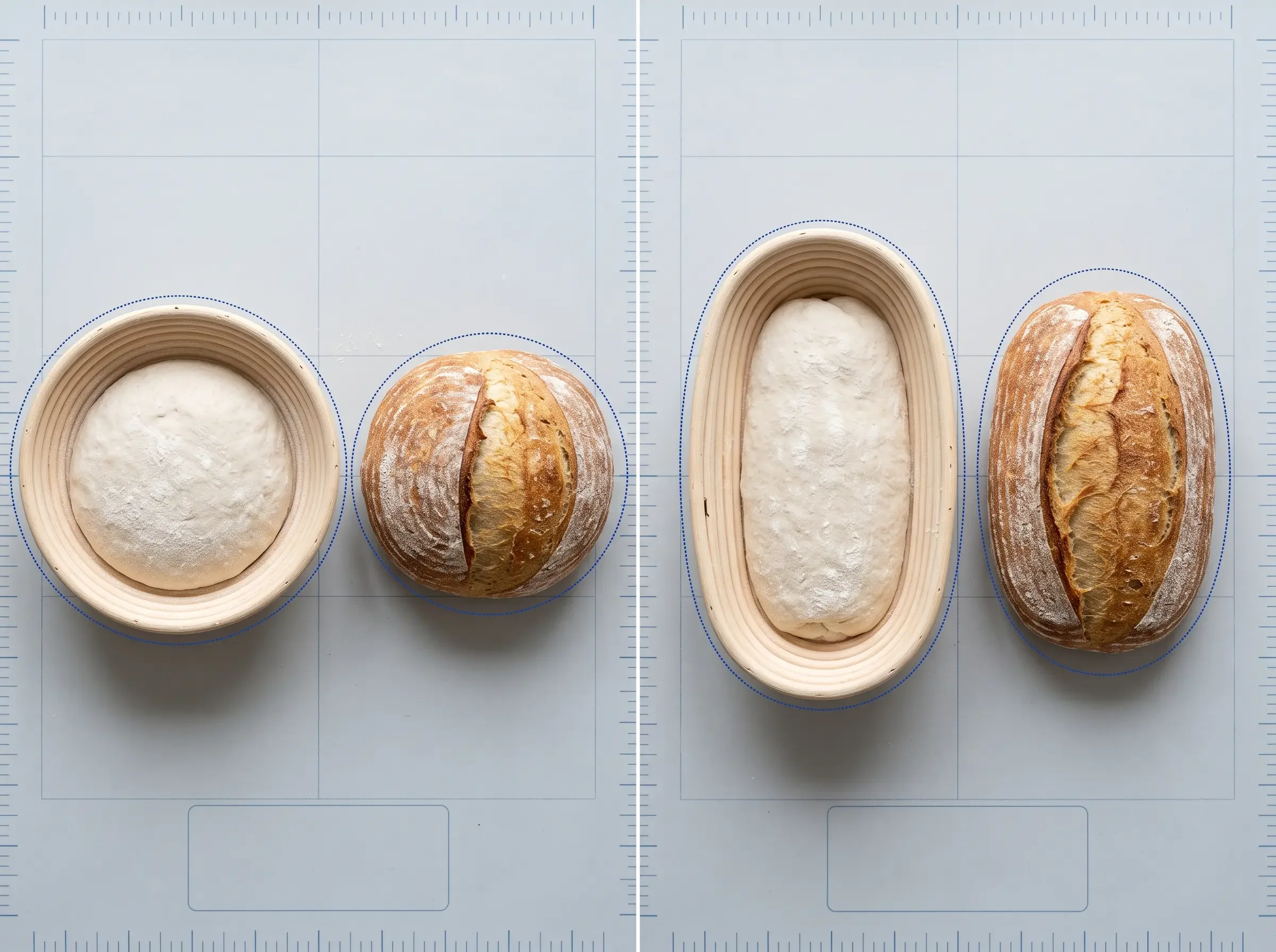 Round banneton and boule compared with an oval banneton and batard