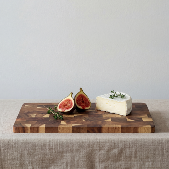 Acacia cutting board used for chopping vegetables in kitchen