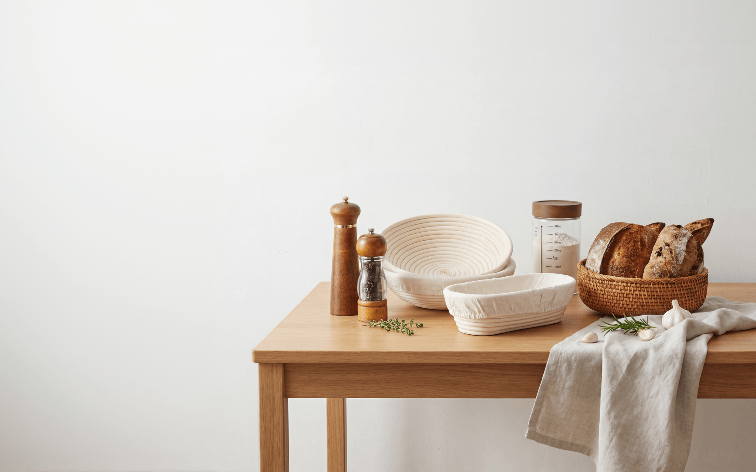 Handwoven rattan banneton baskets on a cozy kitchen counter