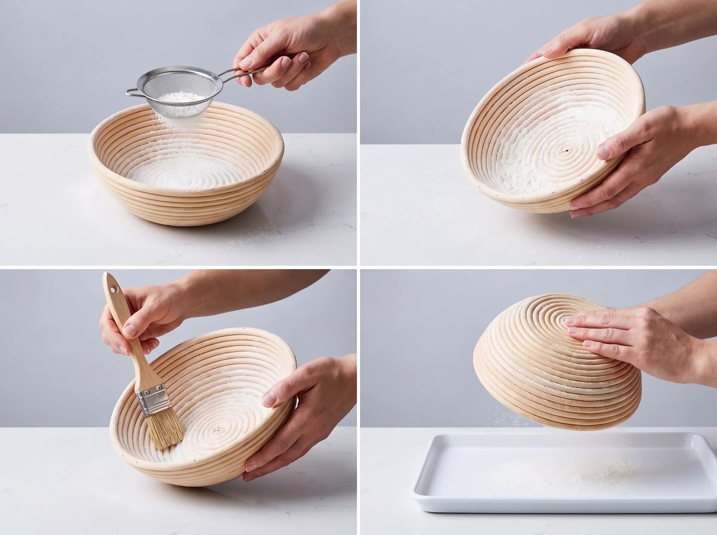 Four-step method for sifting, spreading, brushing and tapping rice flour in a banneton