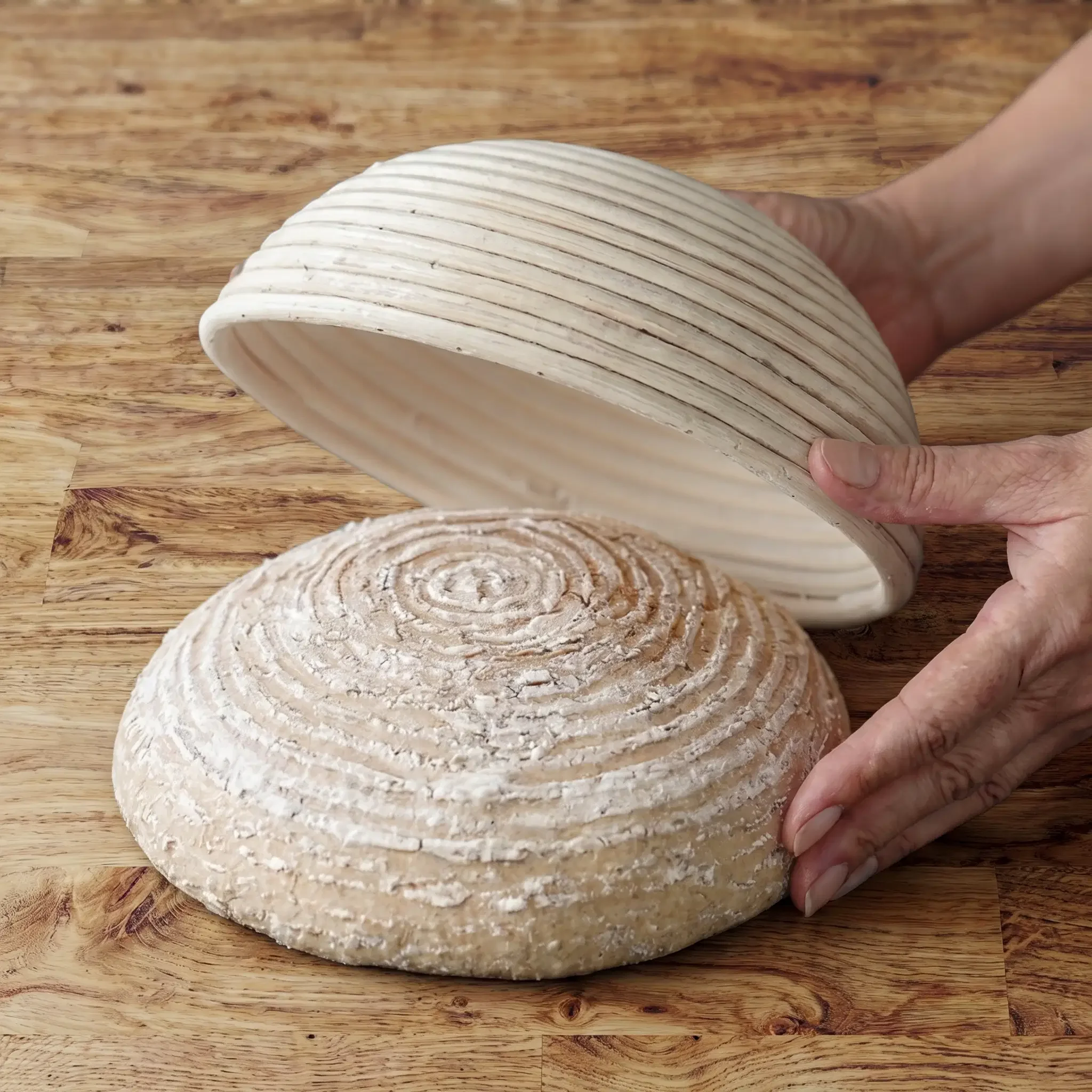 Dough being released from a round rattan proofing basket