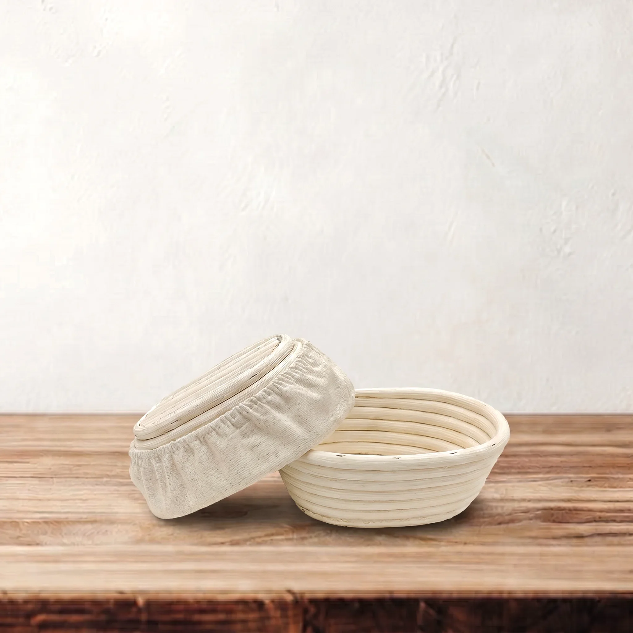 2-piece 6-inch rattan banneton basket bundle with liner and woven detail