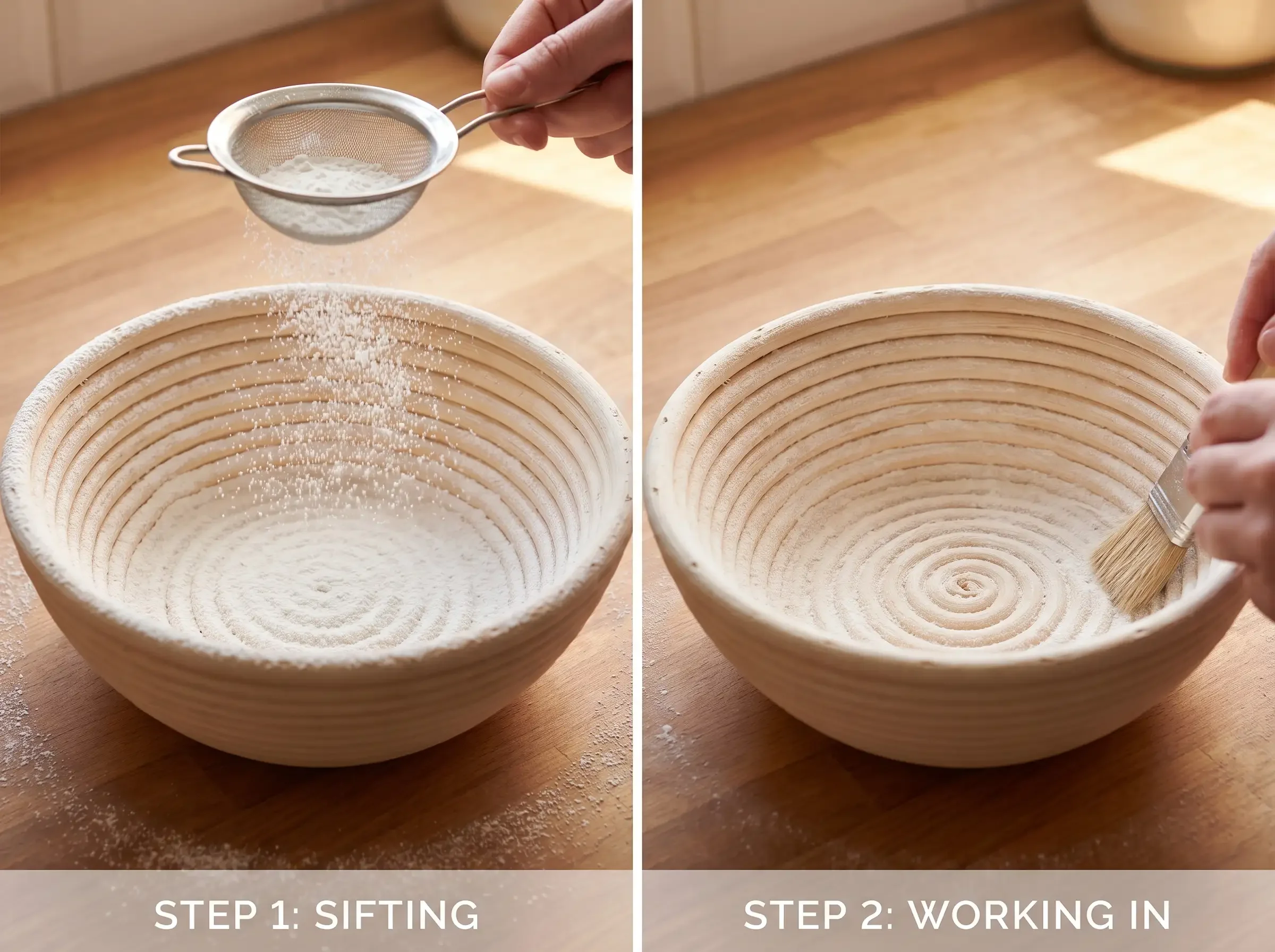Rice flour sifted into a new banneton and brushed evenly into its spiral grooves