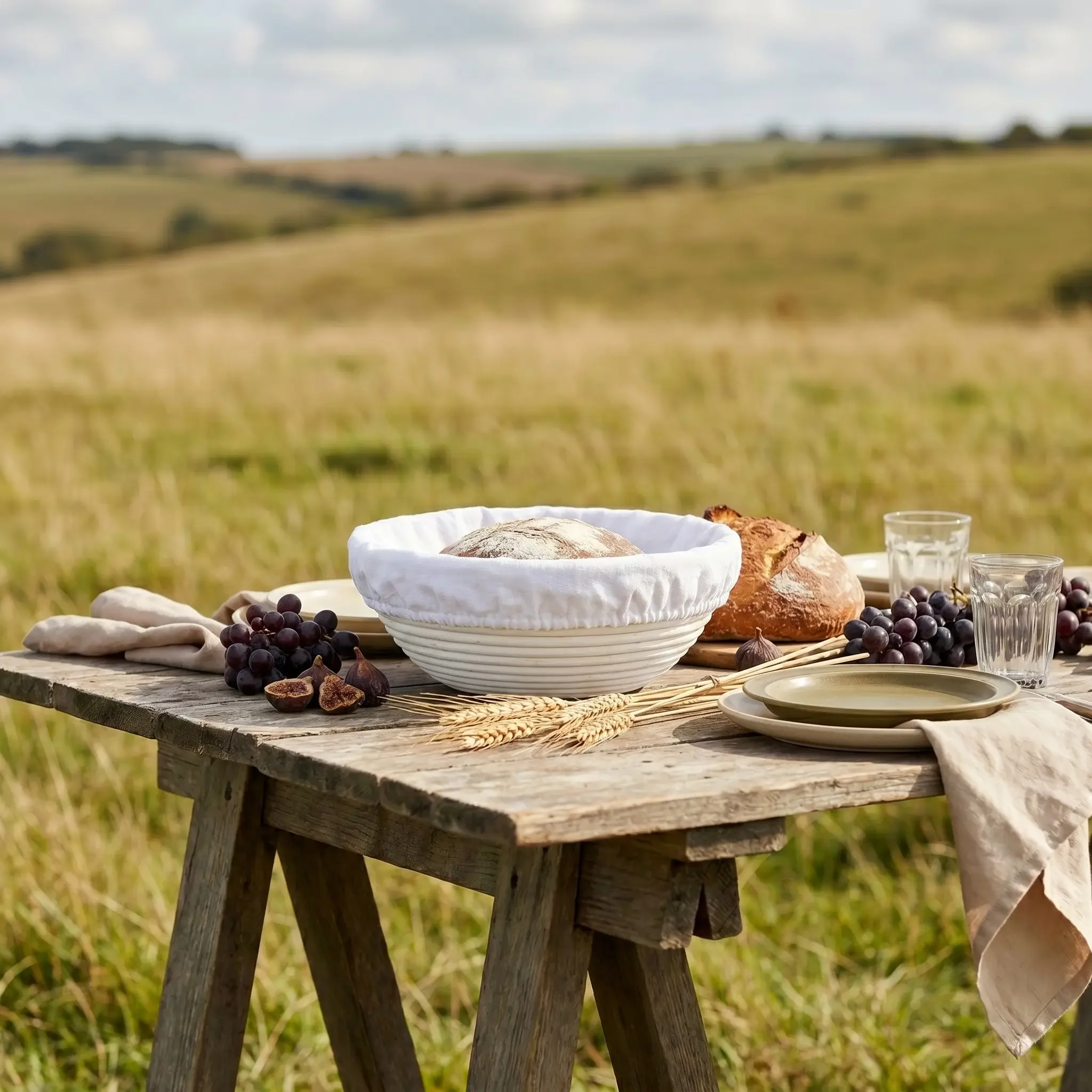 9-inch round bread proofing basket with liner next to a freshly baked artisan sourdough loaf in a natural outdoor setting