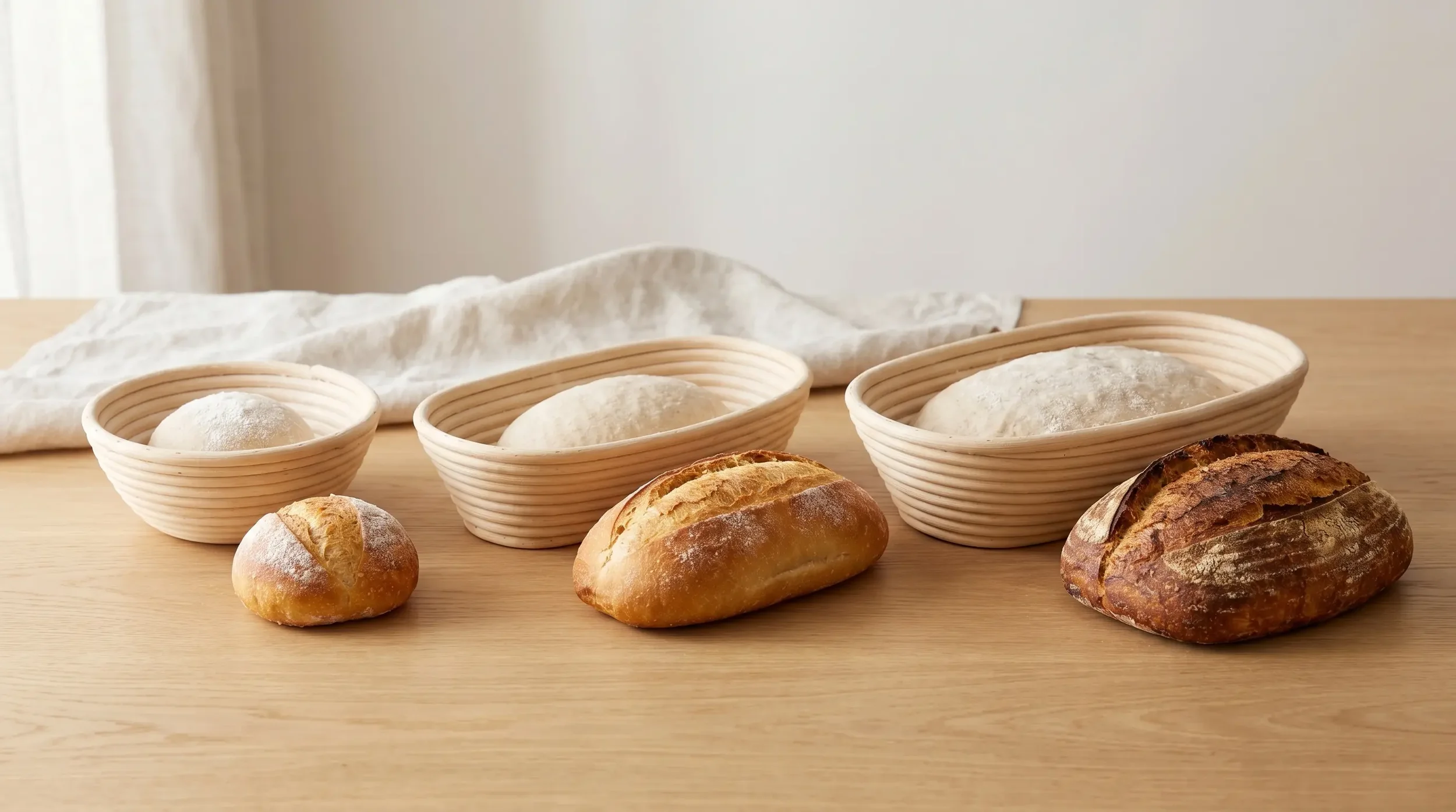 Comparison of 6-inch, 8-inch, and 10-inch proofing baskets with matching dough or loaf sizes