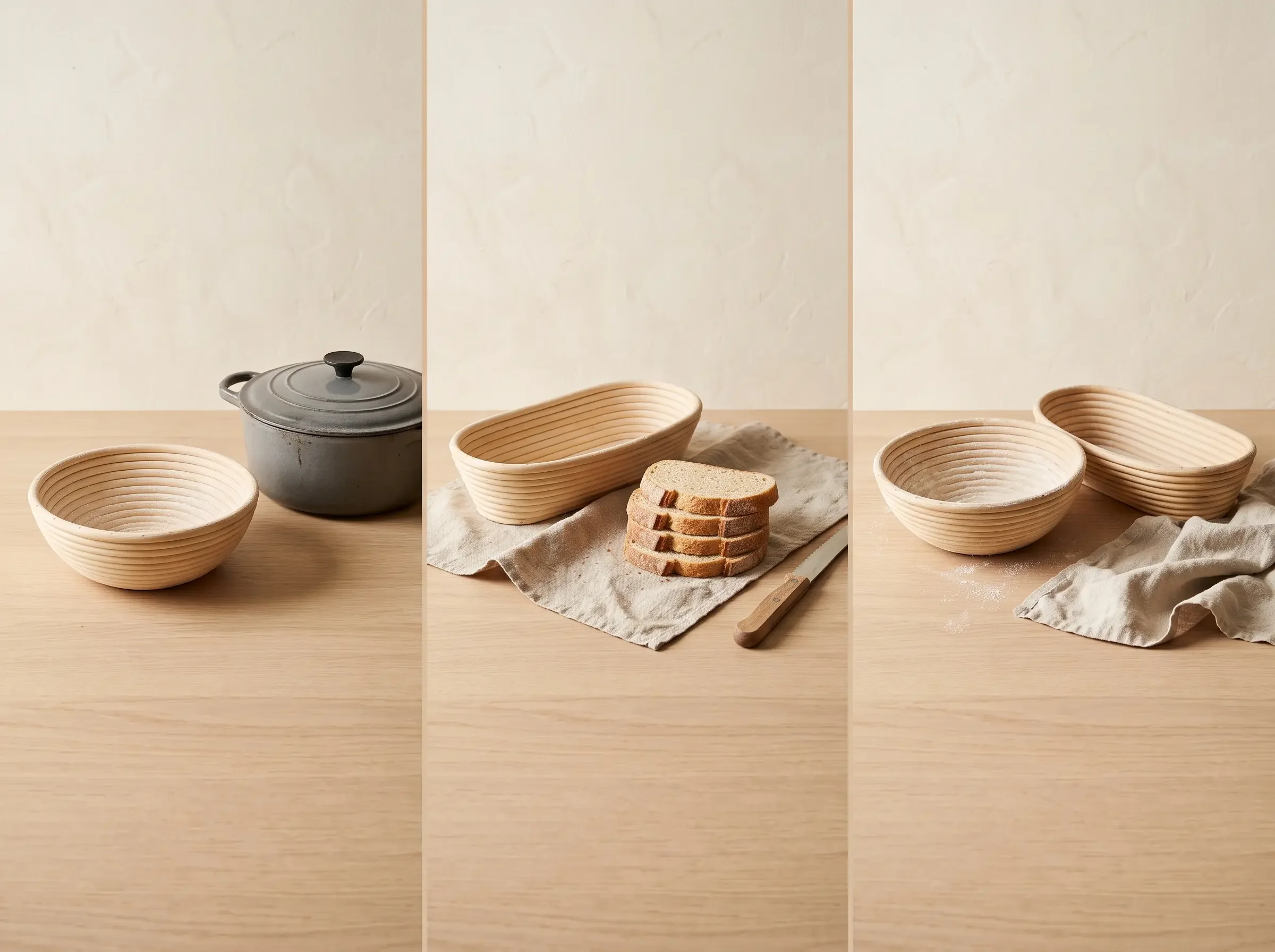 One round banneton, one oval banneton, and a round-and-oval pair for different baking routines