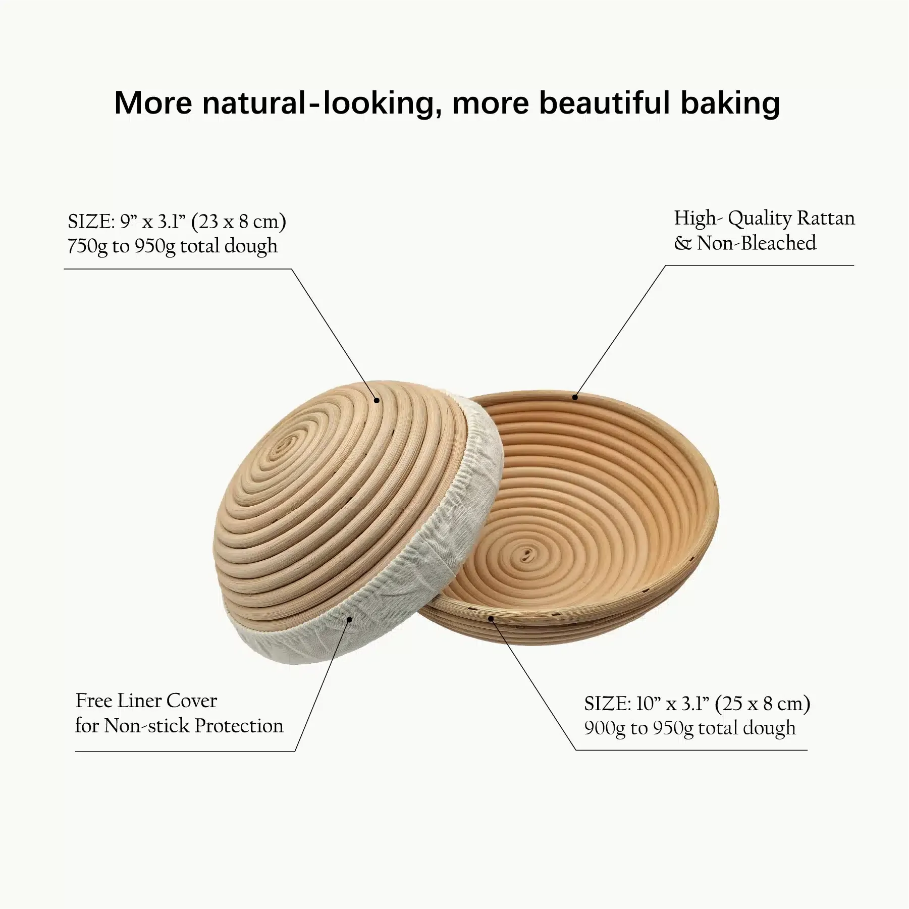 RATTANVIBE natural color banneton with liner for artisan sourdough baking