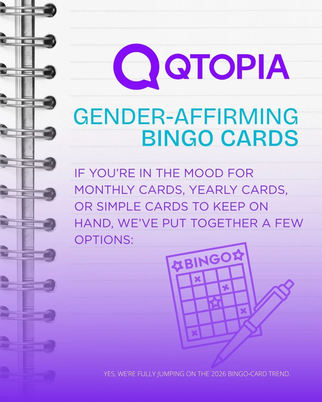 Do you like the Bingo Card trend but have no idea what to put on it? We've got you covered!👀

We created some high energy, some low energy and some not-quite-there-yet gender-affirming bingo cards. Feel free to download them or screenshot them. What
