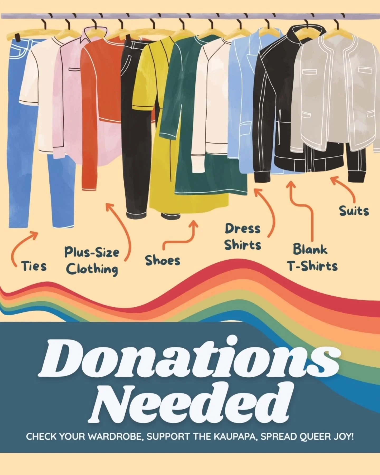 We're preparing for two very special events this Pride:
🪩 Iconic Dance Party for rainbow rangatahi 🪩
👕 Make Your Own Pride Merch 👕

To make this happen we're collecting all sorts of things:
- Party Clothes
- Formal Wear
- Jewellery &amp; Accessor