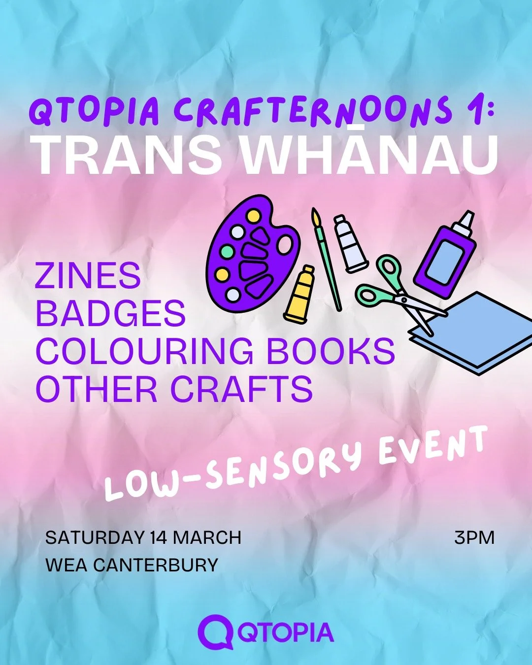As you know, we love a good crafternoon. This Christchurch Pride, we're bringing multiple crafty dates where you can come, hang out, chat, and just enjoy your time among other gender-diverse people. 

Feel free to bring your own project, or just brin