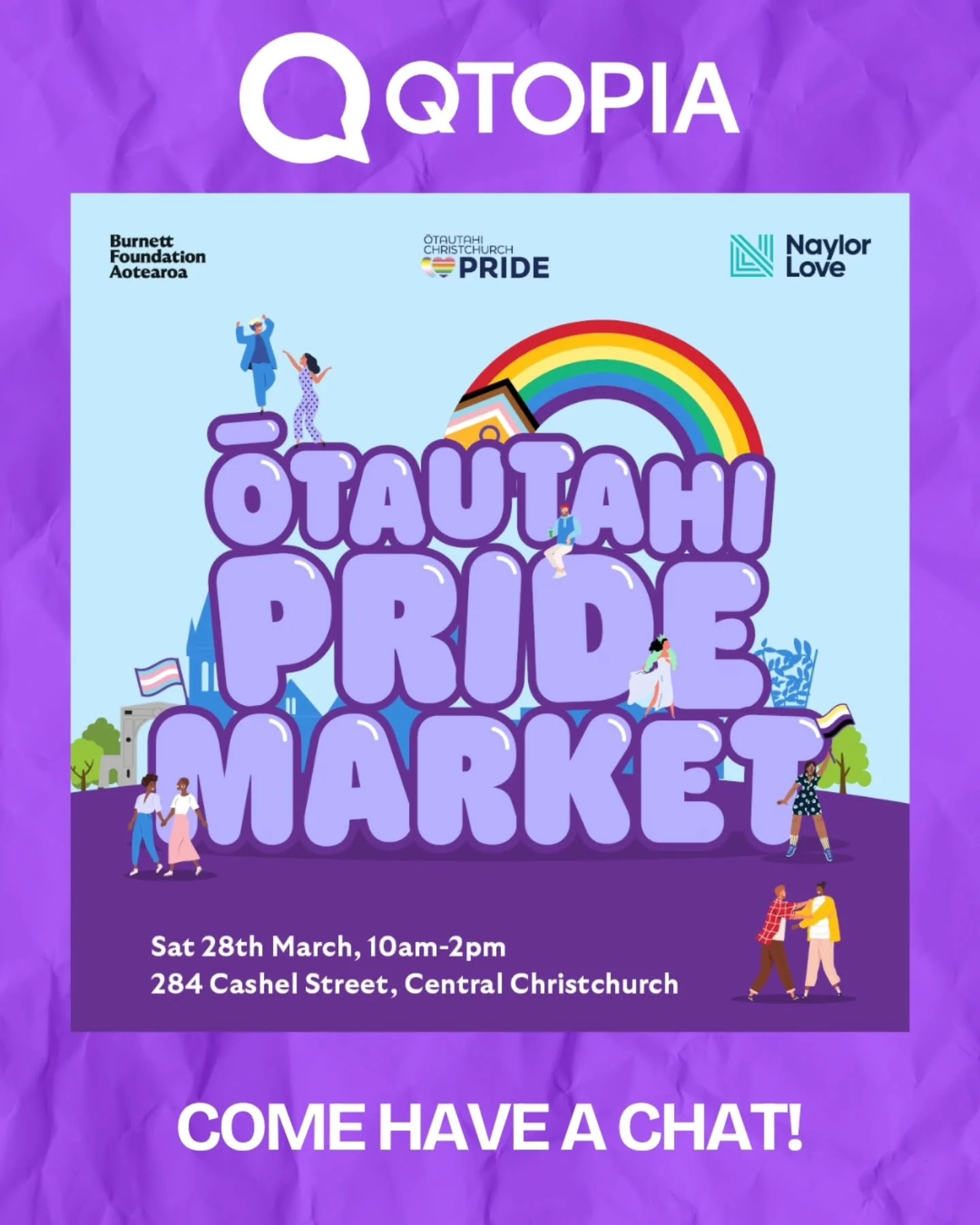 And we will also see you tomorrow at the Ōtautahi Pride Market! Starting at 10AM and running until 2PM, this is a great event with performers, services and goods in all colours or the rainbow 🏳️&zwj;🌈

Come have a chat with our peer support team an