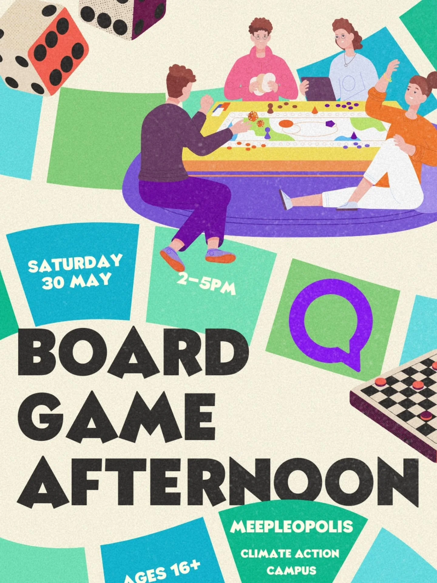 Trade boredom for board games!

Come hang out with the Qtopia team and other lovely humans who just want to roll the dice, pull a card and have a good time. You'll find us at Meepleopolis at the Climate Action Campus (plenty of parking available and 