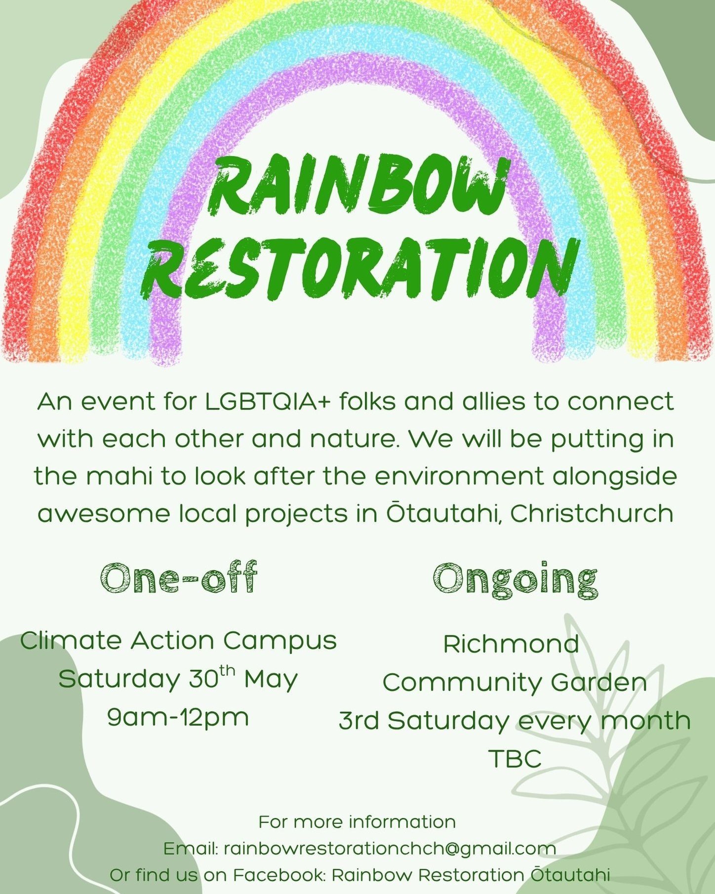 If you feel like getting your hands dirty (literally) this Saturday, head over to the Climate Action Campus at 9AM! This is an ongoing project of Cat who is studying Sustainability and Outdoor Education at Ara. 

If you have any questions, email rain