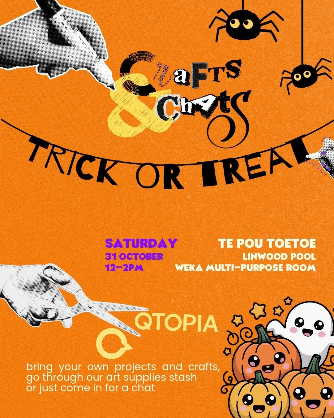 Join is at Te Pou Toetoe at the Weka Room for a special session of crafts: Trick or Treat! Create Halloween themed art, poem or a badge. We'll have snacks, art supplies and creative people to help you out, if you're not sure what to do.

Feel free to