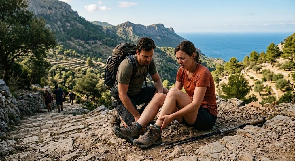 Male hiker kneeling on a rocky mountain path in the Serra de Tramuntana to check on a female hiker sitting down and holding her injured lower leg after a trail strain.