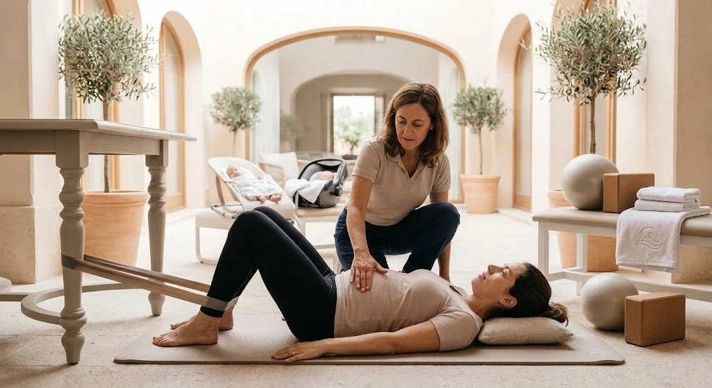 Female physiotherapist gently guiding a new mother through pelvic floor and deep core rehabilitation exercises on a mat in a bright, modern clinic setting.